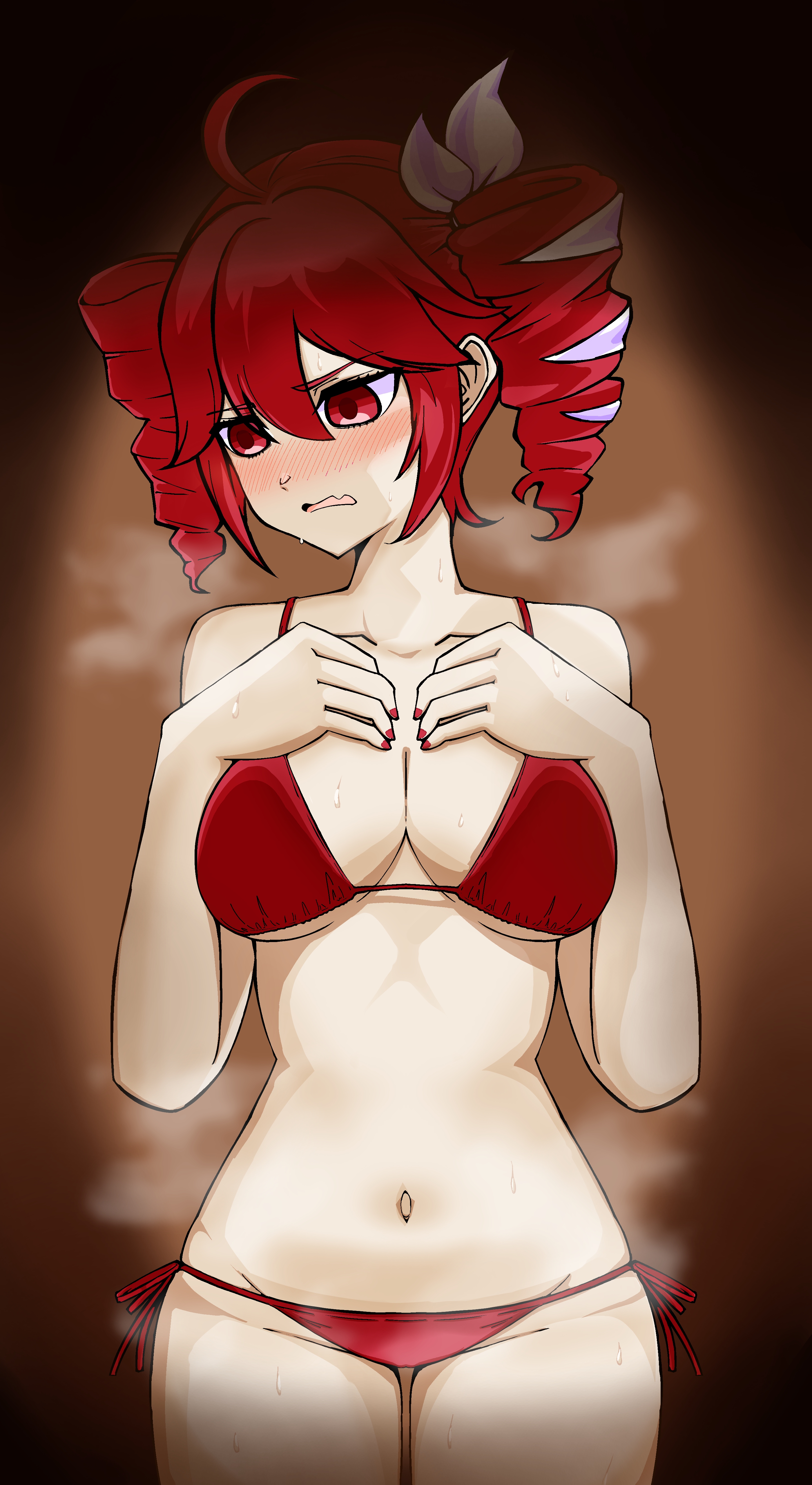 1girls, 2d, 2d (artwork), ahoge, artist request, big breasts, bikini, breasts, embarrassed, embarrassed female, female, female only, hair ornament, hairbow, hands on breasts, kasane teto, kasane teto (sv), large breasts, looking away, nail polish, navel, painted nails, red eyes, red hair, simple background, slim waist, solo, solo female, steam, steaming body, synthesizer v, thick thighs, thigh gap, thighs, twin drills, twintails, utau