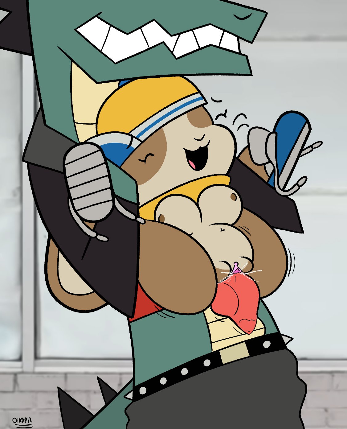 alligatorid humanoid, anthro, breasts, bunny girl, dax (piemations), female, full nelson, furry, how to be cool, male, male/female, ollopit272, peeb (piemations), piemations, shoes on, tagme, titties