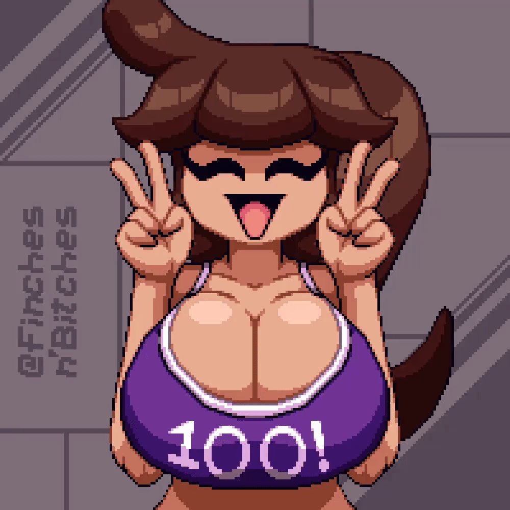 5 fingers, animated, bouncing breasts, breasts, brown hair, closed eyes, closed eyes smile, clothed, content smile, female, finchesnbitches, follower celebration, happy, happy expression, happy female, jennifer (finchesnbitches), milestone celebration, mob face, oc, open mouth, original character, peace sign, pixel (artwork), pixel animation, pixel art, ponytail, solo, solo female, sports bra, tagme, tan skin