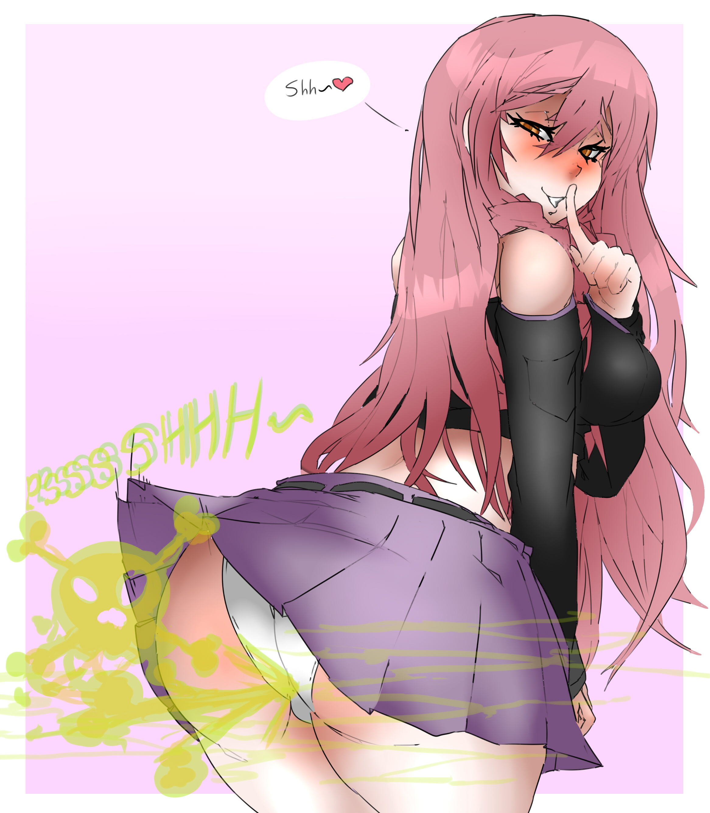 1girls, akuma no riddle, ass, big ass, big butt, blush, fart, fart cloud, fart fetish, farting, female, inukai isuke, lazei, lingering stench, looking at viewer, looking back, looking back at viewer, orange eyes, panties, pink hair, rear view, shushing, skirt, skull symbol, smile, solo female, standing, viewed from behind, white panties