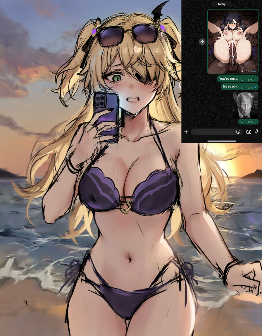 ai assisted, ai generated, beach, beach background, bikini, bikini only, cum, dark skin, dark-skinned male, donald trump, fischl (genshin impact), full body, full nelson, genshin impact, hoyoverse, meme, meme in the background, meme reference, message, mihoyo, mona (genshin impact), nay juno, nude, sticker, sticker template, sunglasses, sunglasses on head, sunlight, threat, threatening, whatsapp