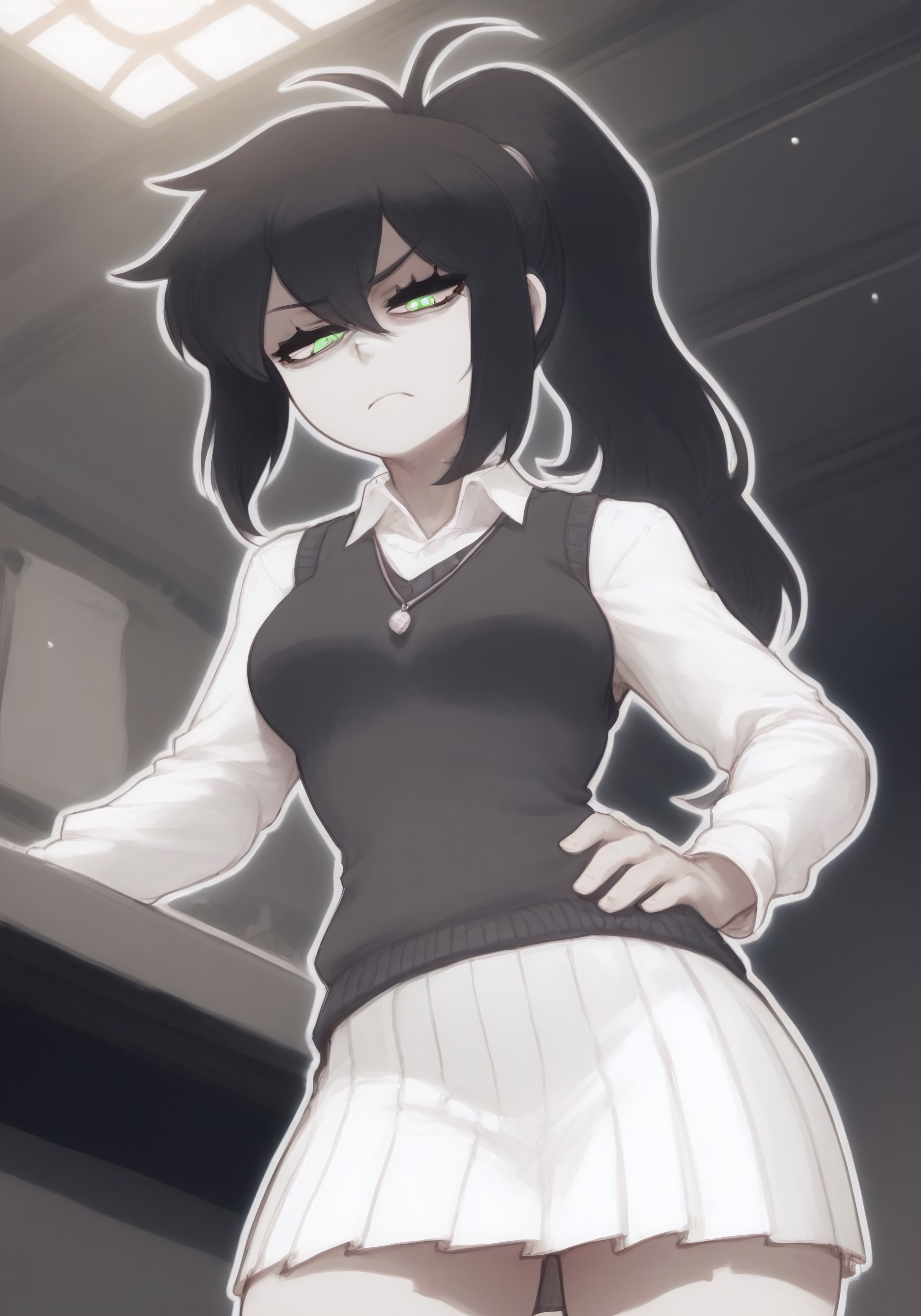 1girls, ai generated, annoyed, bags under eyes, black hair, civitai, collared shirt, female, green eyes, hand on hip, jitome, lidded eyes, long hair, long sleeves, looking at viewer, monochrome, mother (the coffin of andy and leyley), necklace, outline, pleated skirt, ponytail, renee graves, sidelocks, skirt, standing, sweater vest, the coffin of andy and leyley, tired eyes, viewed from below, yercyu