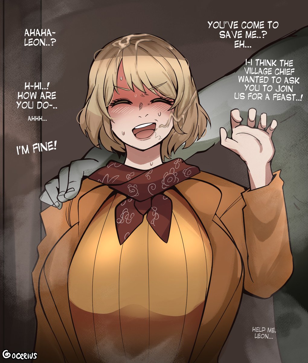 1boy 1girls after_sex ashley_graham blonde_hair blush breasts closed_eyes cum_on_hair embarrassed english_text female huge_breasts male medium_hair ocerius resident_evil resident_evil_4 resident_evil_4_(remake) size_difference smile stray_pubic_hair sweat