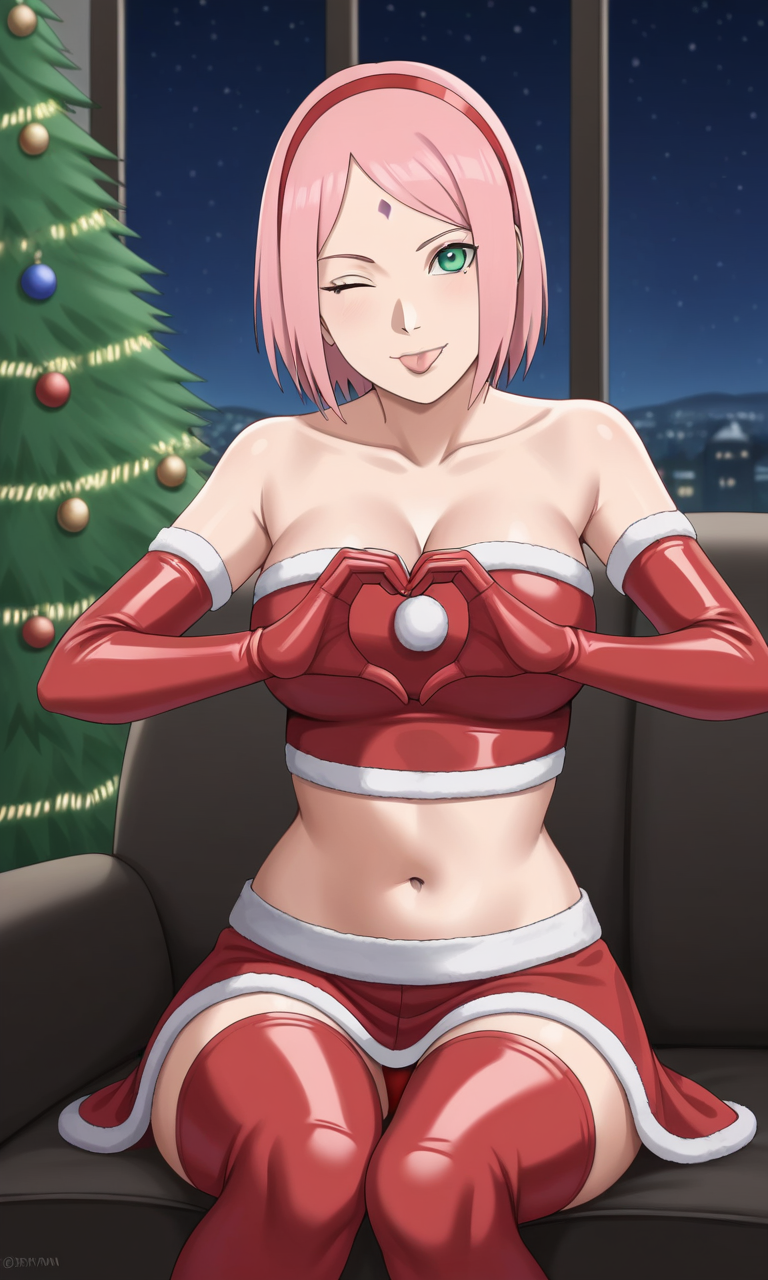 aged_up ai_generated ass bigmic145 boruto:_naruto_next_generations breasts christmas crop_top elbow_gloves female female_only fur_trim gloves latex medium_breasts naruto naruto_(series) panties pantyshot pink_hair sakura_haruno short_hair skirt tease teasing thigh_boots