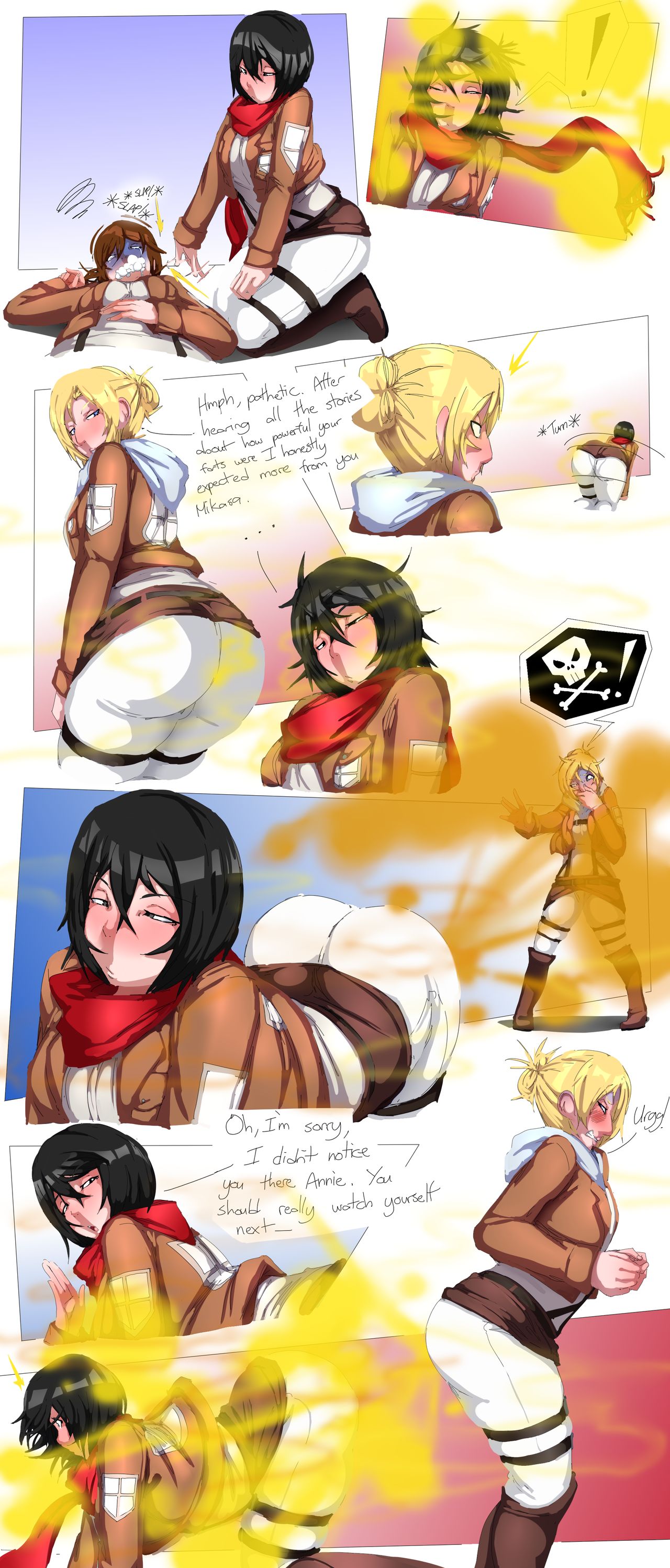 2girls angry ass_focus attack_on_titan big_ass black_hair black_hair_female blonde_female blonde_hair fart fart_fetish farting_on_another farts female lazei mikasa_ackerman