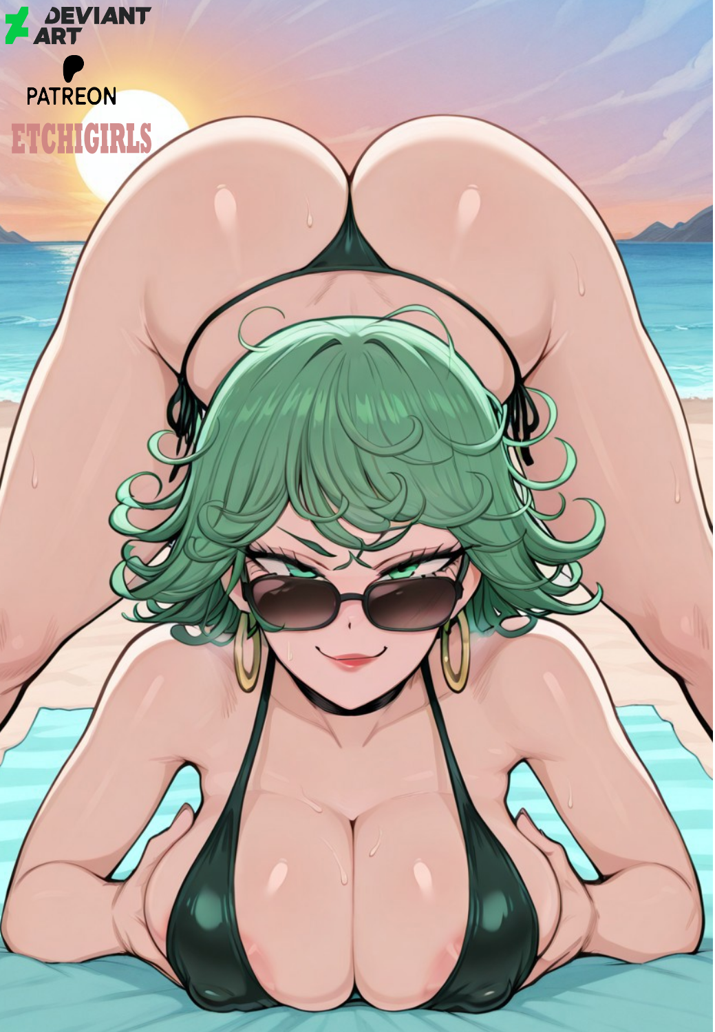 ai generated, ass, beach, big ass, bikini, breasts, etchigirls, female, green hair, large breasts, looking at viewer, looking over eyewear, looking over sunglasses, one-punch man, side-tie bikini, sunglasses, tatsumaki, tinted eyewear