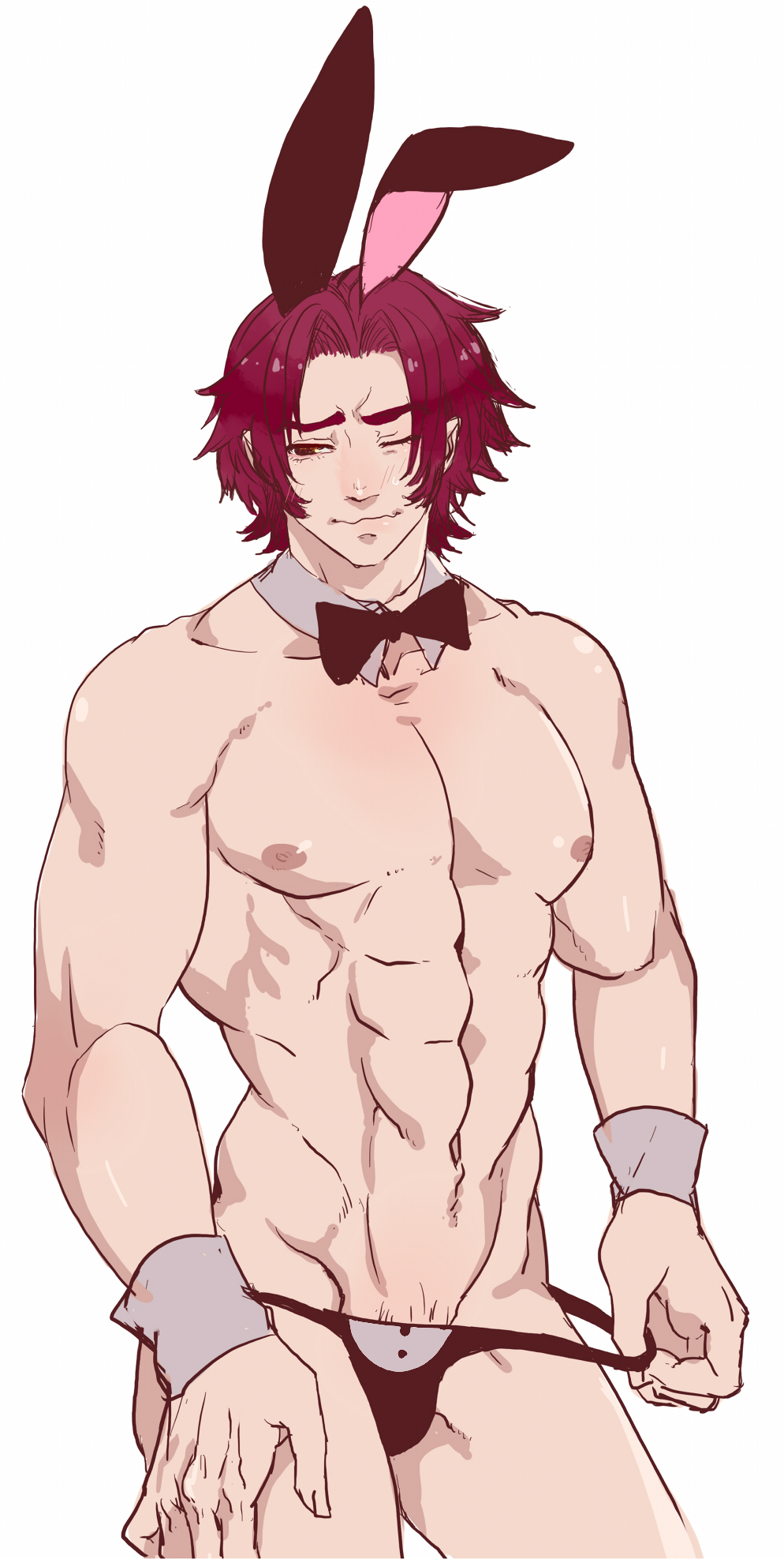 abs animal_ears bara costume human male male_only muscle muscles nipples pecs smile solo standing tonbokiri_(touken_ranbu) topless touken_ranbu underwear undressing wink