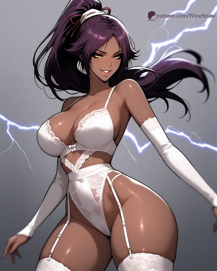 1girls 2024 ai_generated big_breasts bleach breasts_bigger_than_head curvy dark-skinned_female dark_skin ebony female female_only garter_straps gloves grey_background hairband hourglass_figure huge_breasts instagram_link large_breasts legwear lightning lingerie long_hair patreon_logo patreon_url patreon_username purple_hair shihouin_yoruichi smile solo voluptuous white_lingerie winesnow yellow_eyes yoruichi yoruichi_shihouin