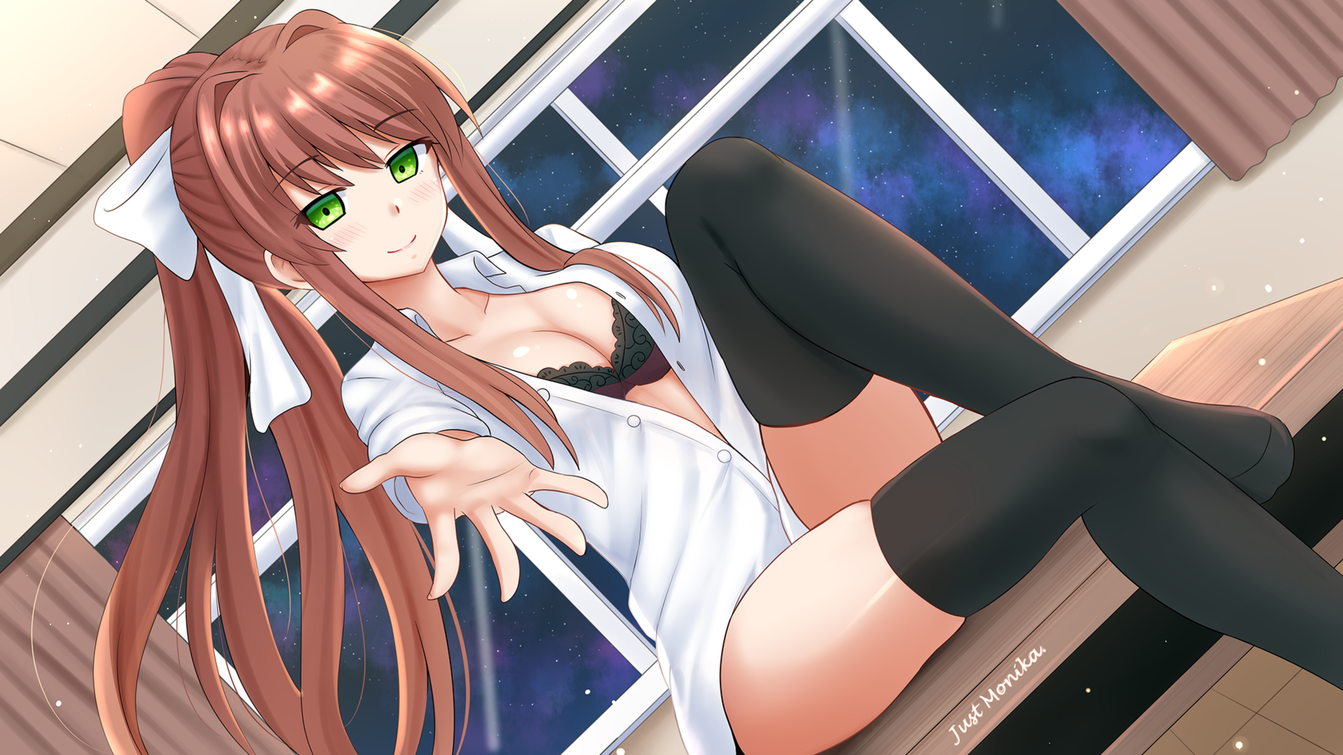 1girls, 2017, anime style, bra, breasts, brown hair, button down shirt, cleavage, collarbone, collared shirt, color, doki doki literature club, female, female only, green eyes, hi res, high resolution, highres, human, human only, kazenokaze, long hair, looking at viewer, monika (doki doki literature club), ponytail, reaching out, reaching towards viewer, smile, smiling, smiling at viewer, solo, solo female, thick thighs, thighhighs, thighs, unbuttoned, unbuttoned shirt, white bow, white shirt