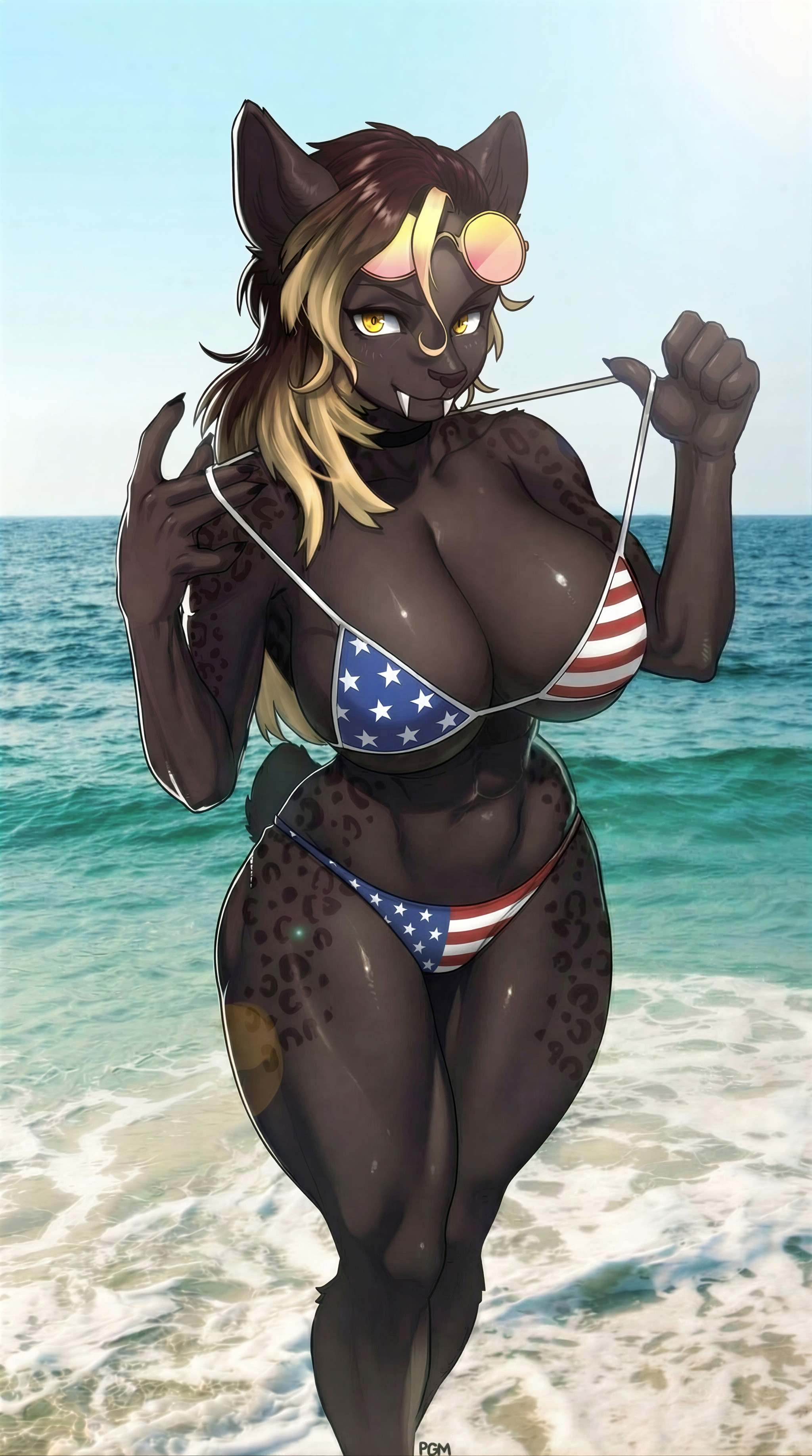 1girls, 2025, 4th of july, abs, alternate costume, alternative version, america, american flag bikini, anthro, beach, big breasts, bikini, bikini pull, black body, black choker, black fur, black hair, black jewelry, black necklace, blonde highlights, breasts, choker, clothing, clothing pull, collarbone, detailed background, eyebrows, eyelashes, eyewear, eyewear on head, fangs, female, fit, fit female, fourth of july, fur, galiena (baelfire117), glistening, glistening body, glistening breasts, glistening fur, glistening thighs, hair, highlights (coloring), inner ear fluff, jewelry, leopard spots, long hair, looking at viewer, mammal, necklace, outside, pantherine, pgm300, pussy, sabertooth (anatomy), schewiener, sea, seaside, smiling, smiling at viewer, solo, solo female, spots, sunglasses, sunglasses on head, swimwear, swimwear pull, teeth, united states, united states of america, very high resolution, yellow eyes