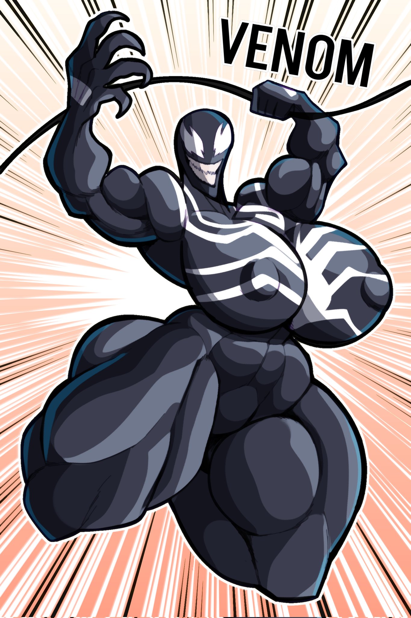 breasts, female, hyper breasts, marvel, marvel comics, muscular, muscular female, nipple bulge, rompecaderasgod, rule 63, she-venom, venom (marvel)