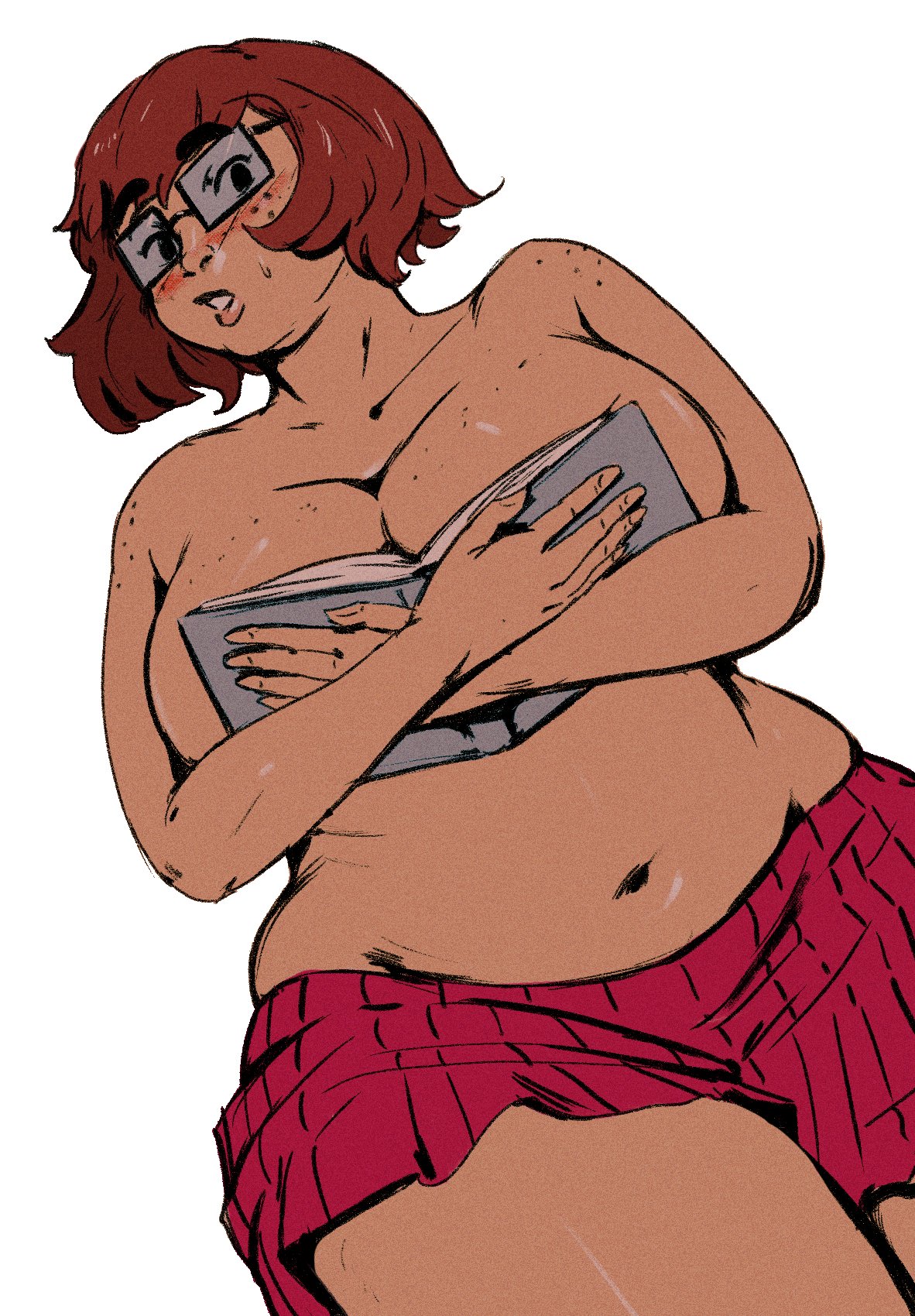 1girls, belly, big breasts, birthing hips, blush, book, book covering breasts, breasts, brown hair, child bearing hips, chubby, cleavage, covering breasts, female, freckles, freckles on face, glasses, light skin, light-skinned female, looking at viewer, looking down, meme, muffin top, navel, ouch meme, red skirt, redblacktac, scooby-doo, short hair, skirt, skirt only, thick, thick thighs, topless, velma dinkley, voluptuous, wide hips