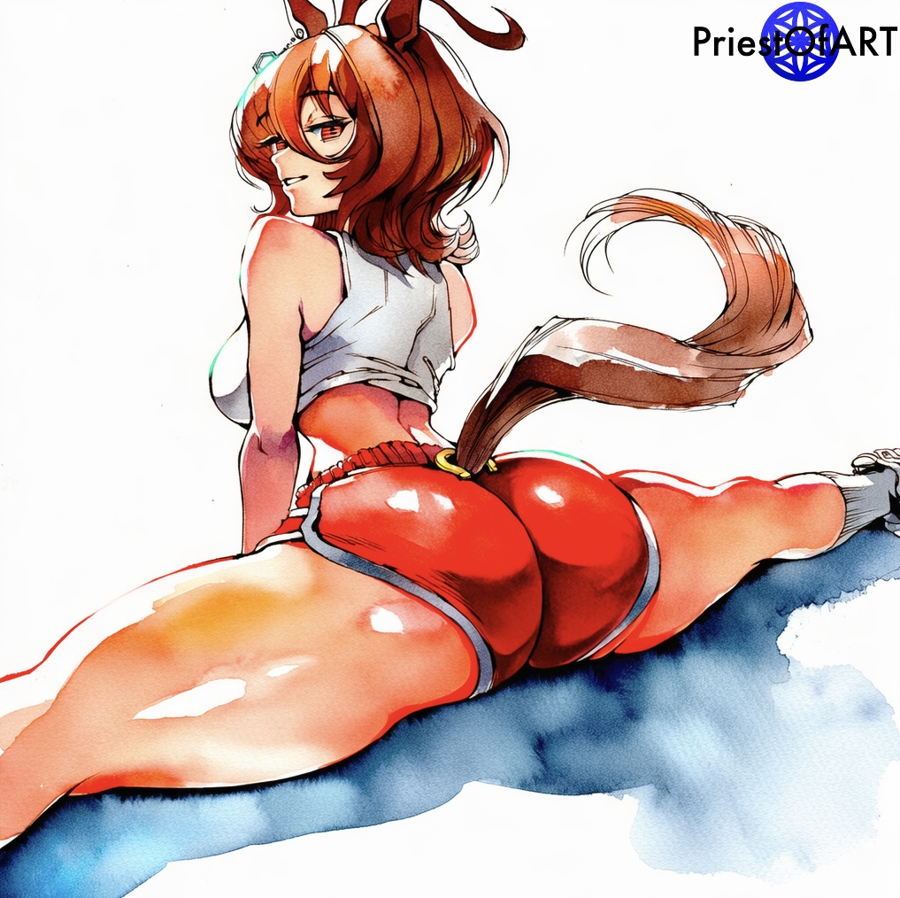 1girls, agnes tachyon (umamusume), ai generated, animal ears, big ass, brown hair, crop top, female, female only, from above, priestofart, red eyes, red shorts, shiny, short hair, sitting split, spread legs, spreading, tail, thick thighs, umamusume, watercolor, watercolor (artwork), watermark, wide hips