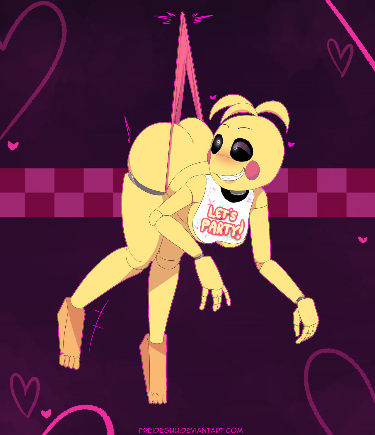 1girls, animatronic, chicken, female, female only, five nights at freddy's, five nights at freddy's 2, freidesuu, hanging wedgie, robot, solo, toy chica (fnaf), wedgie, wedgied female