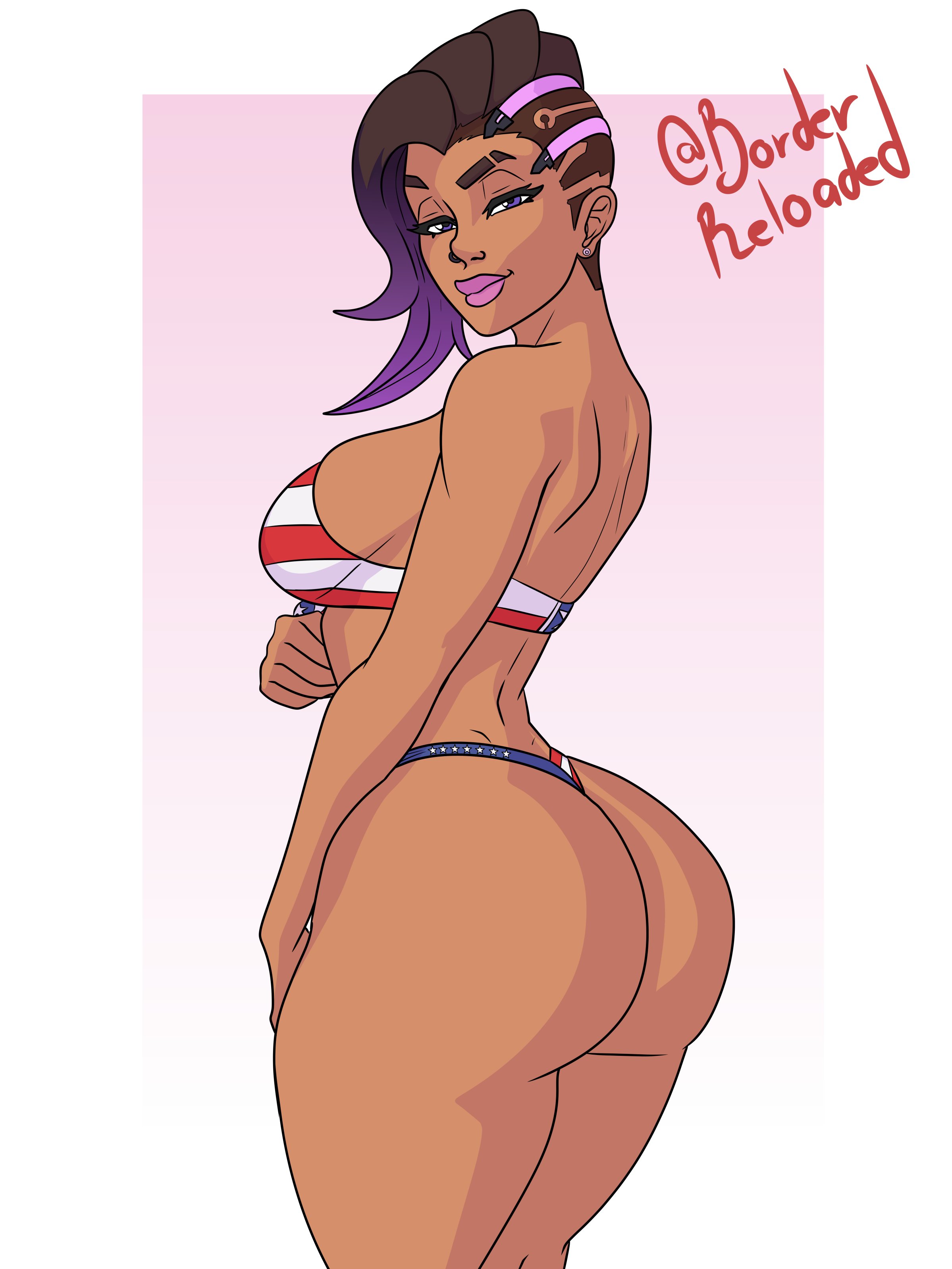 1girls, american flag, american flag bikini, ass, asymmetrical hair, big ass, big breasts, bikini, blizzard entertainment, borderreloaded, breasts, brown hair, bubble ass, bubble butt, dark skin, dark-skinned female, female, female only, flag bikini, huge ass, latina, lipstick, overwatch, plump lips, purple eyes, purple hair, purple lipstick, skimpy, solo, sombra, two-tone hair
