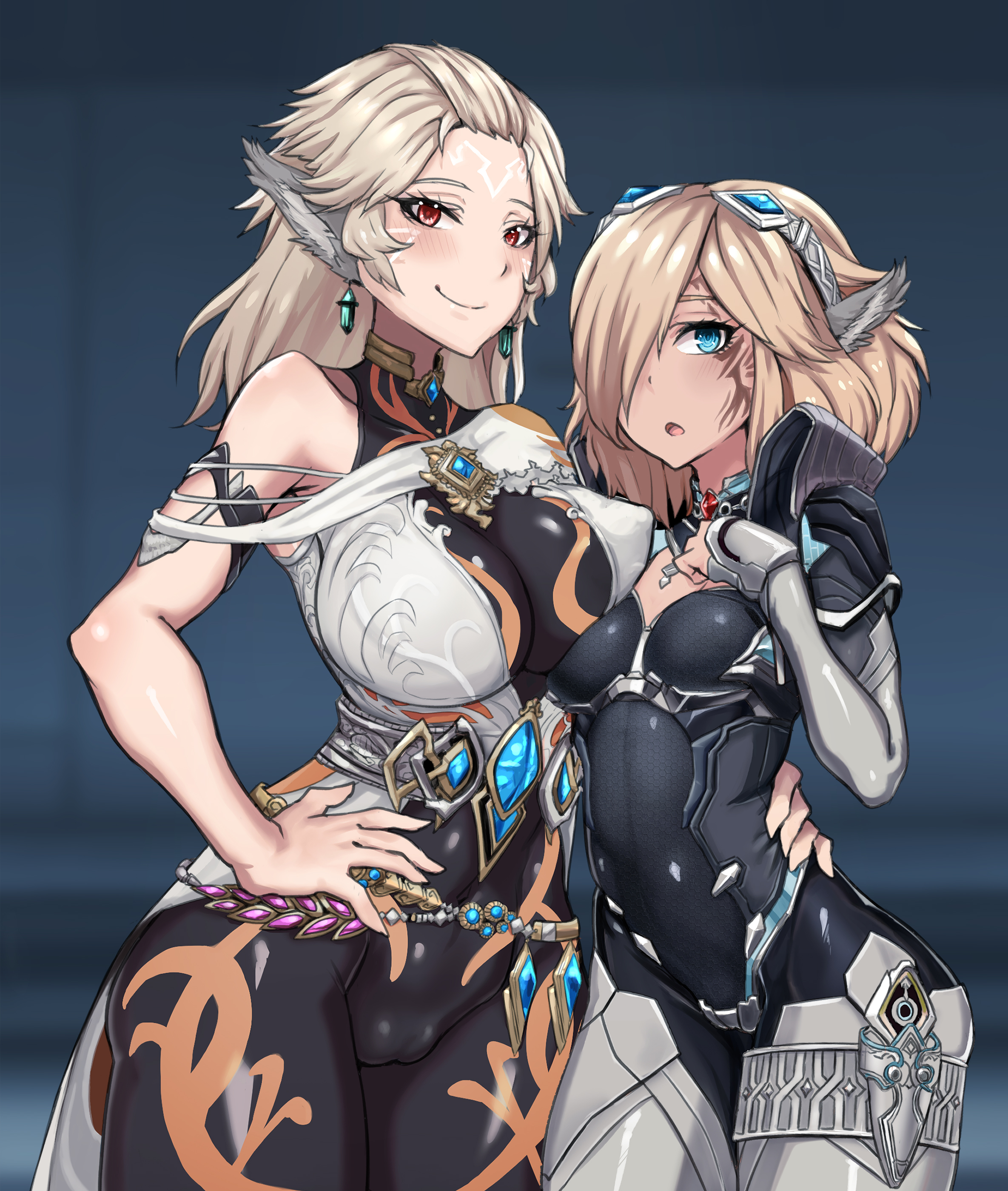 2girls, alien, alien girl, aliens, animal ears, big breasts, blonde hair, breasts, celica (xenoblade x), clothed, clothing, damagefloor, female, female only, neilnail (xenoblade x), nipples visible through clothing, pussy, pussy visible through clothes, qlurian, tagme, vagina visible through clothing, xenoblade (series), xenoblade chronicles x