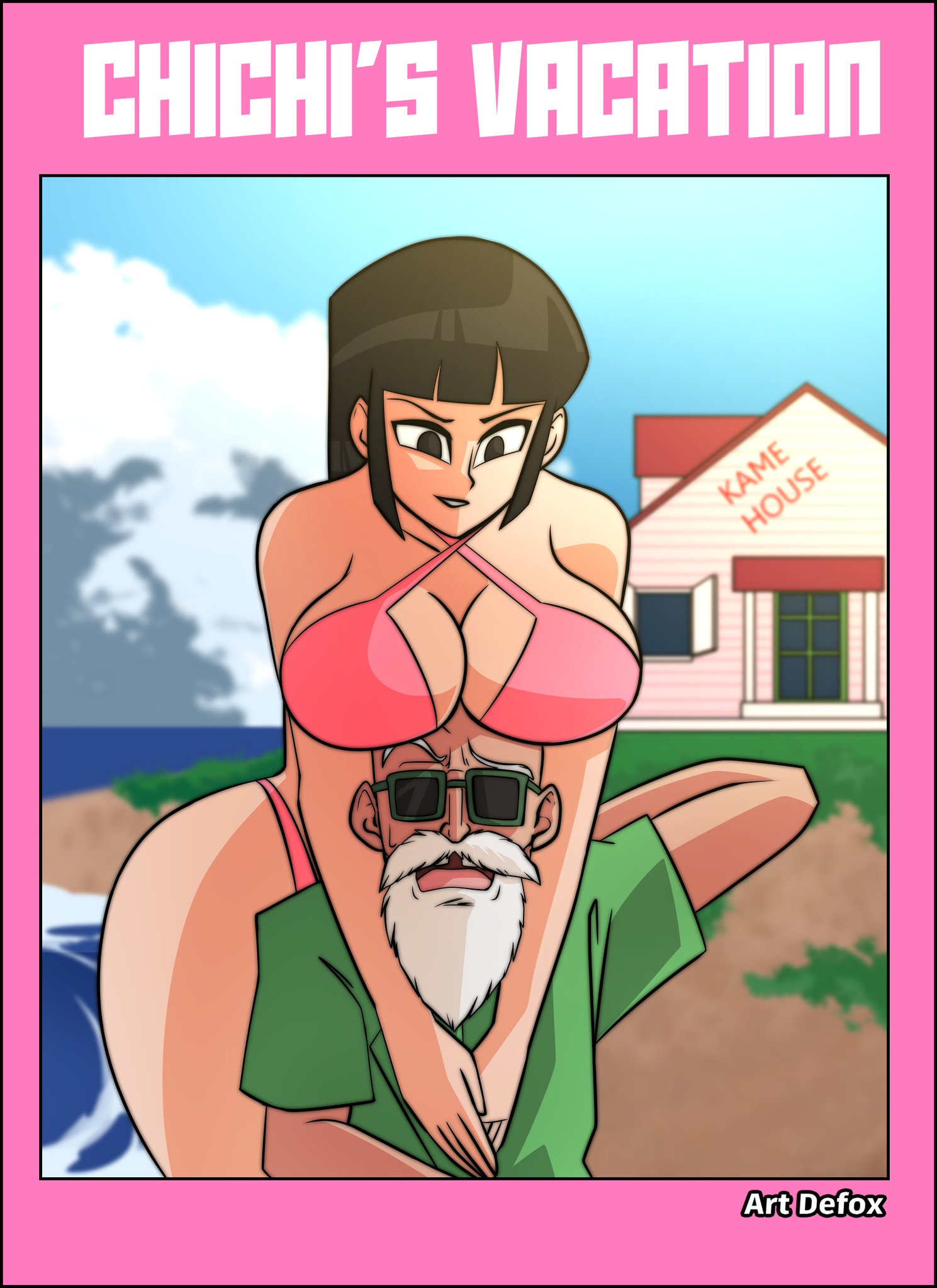 artdefox, big breasts, bikini, boobs on head, breasts, cheating, chichi, comic, comic cover, dragon ball, dragon ball super, dragon ball z, female, male, master roshi, milf, ntr, older male, younger female