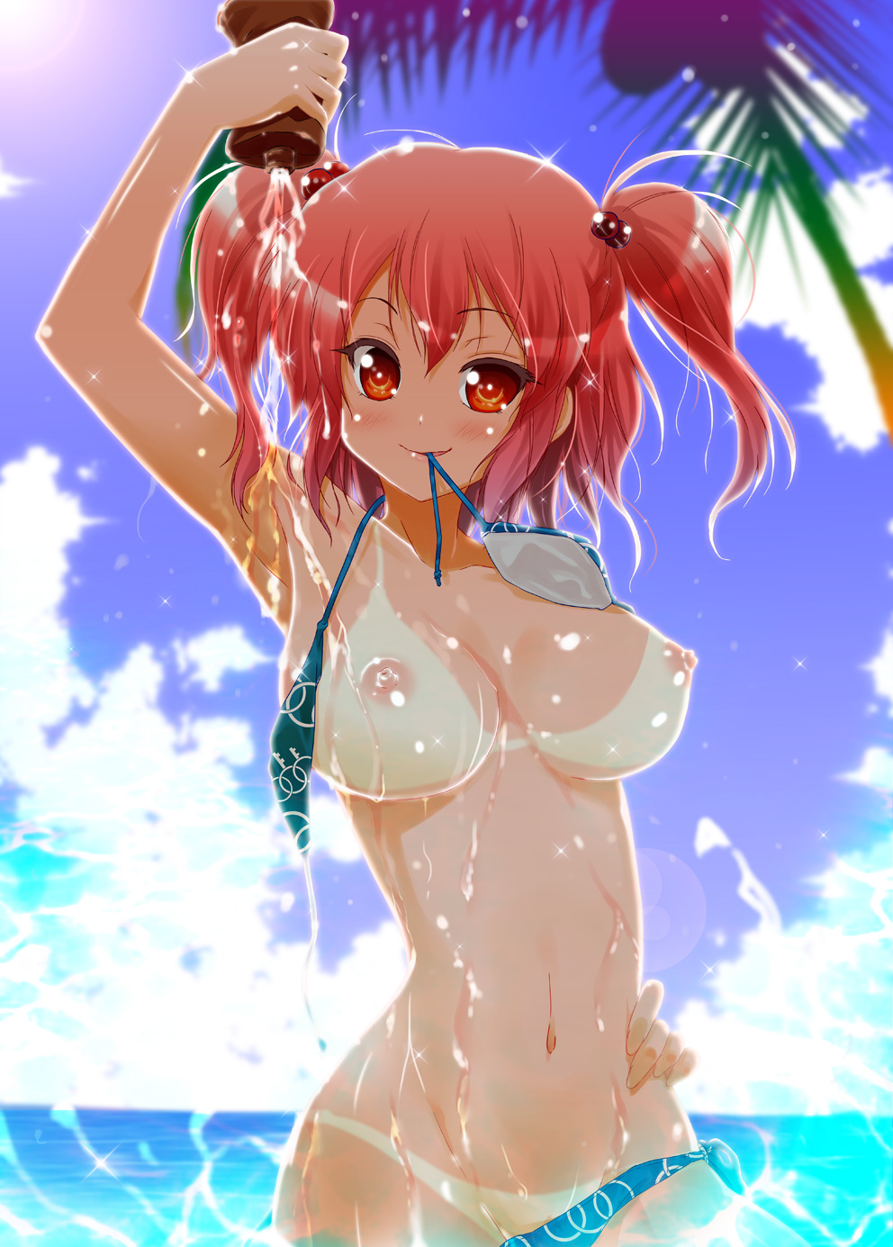 bikini bikini_tan bikini_top_removed blush breasts breasts_apart cloud female fingernails highres hips komachi_onozuka large_breasts lens_flare long_fingernails looking_at_viewer mouth_hold navel nipples nude ocean orange_eyes palm_tree porurin_(do-desho) red_hair shiny shiny_skin sky slender_waist smile solo sun swimsuit tan tanline tied_hair touhou tree twintails uncensored water wet wide_hips