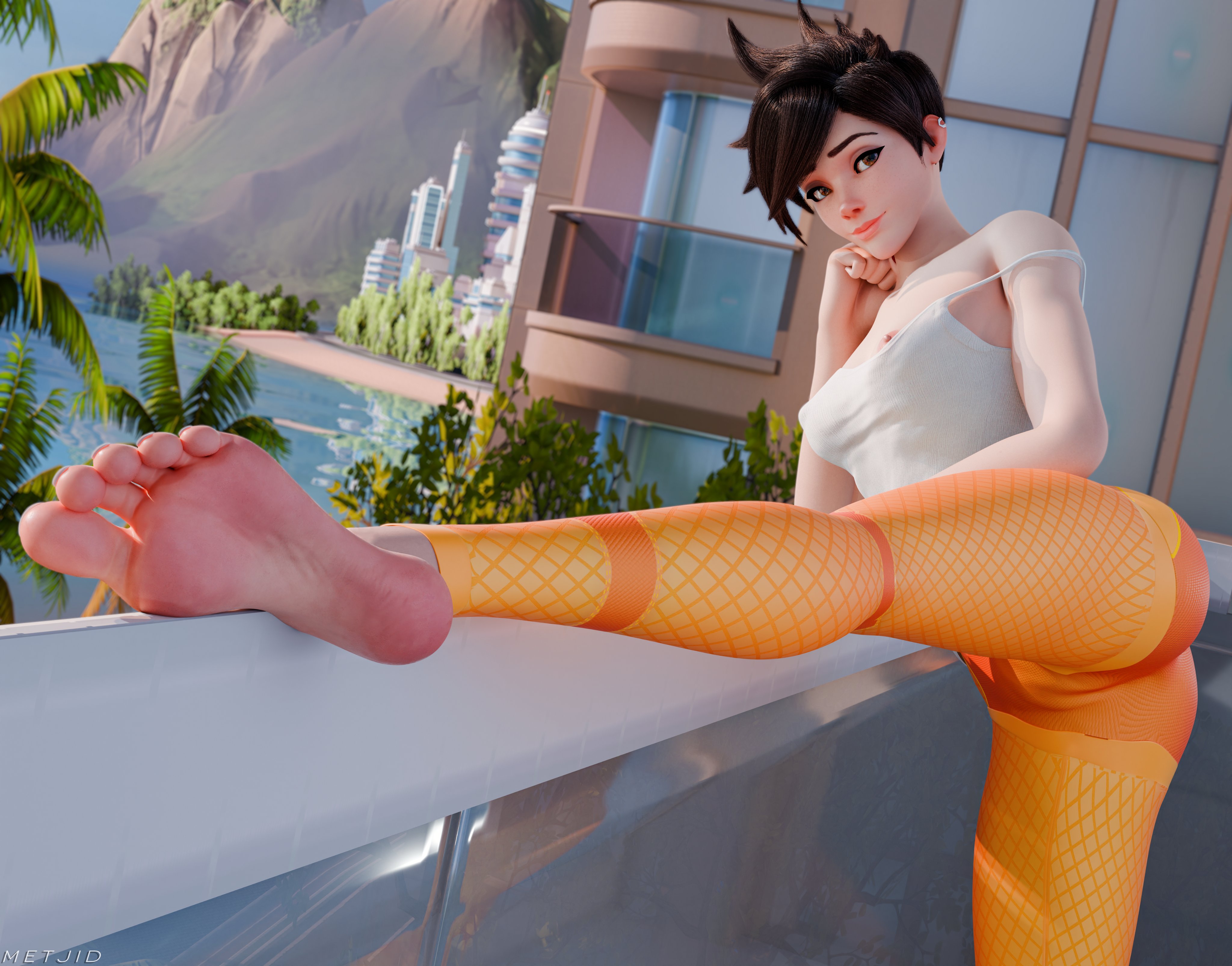 1girls, 3d, 3d (artwork), activision, ass, barefoot, big ass, big feet, blizzard entertainment, breasts, british female, clothed, clothing, european, european female, exposed nipples, female, female only, foot fetish, foot focus, fully clothed, lena oxton, looking at viewer, medium breasts, metjid, overwatch, overwatch 2, overwatch league, pink nipples, pixie cut, short hair, tracer, tracer (overwatch 2 suit), yoga pants