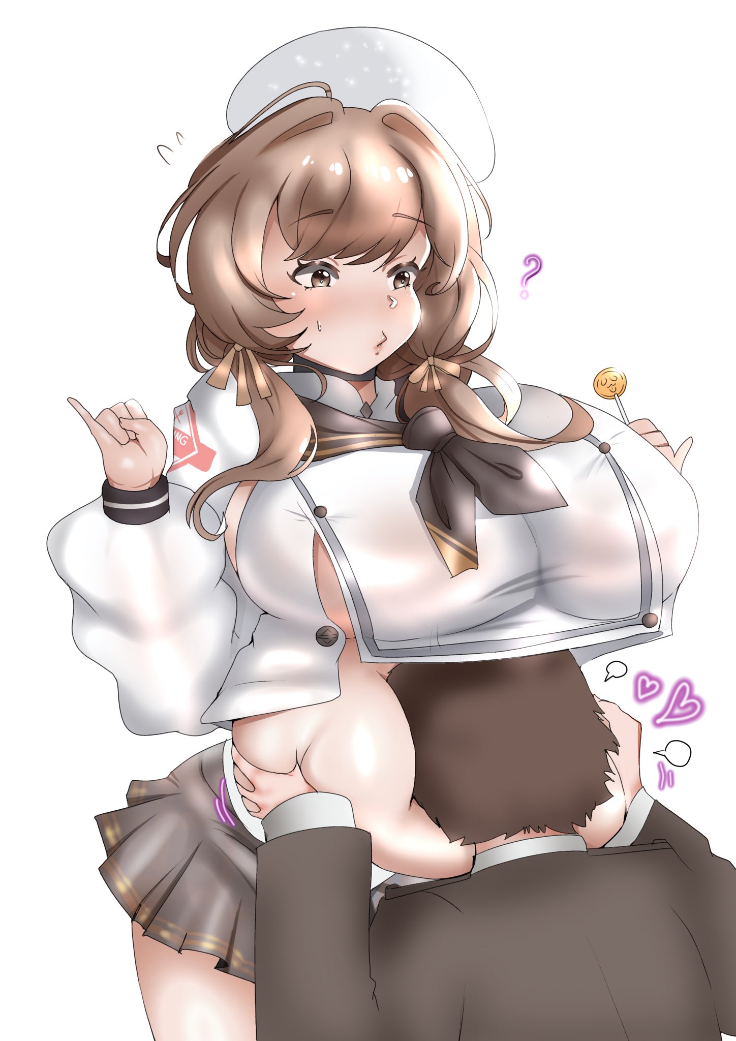 ?, 1boy, 1girls, baker, belly hug, blush, bready (nikke), breasts, brown eyes, brown hair, buried in belly, chubby, chubby female, clothed, clothing, cncommander (canephy), commander (nikke), confused, eyebrows visible through hair, female, food, goddess of victory: nikke, hat, heart, huge breasts, light skin, light-skinned female, light-skinned male, lollipop, male, no bra, nose blush, simple background, white background, wholesome