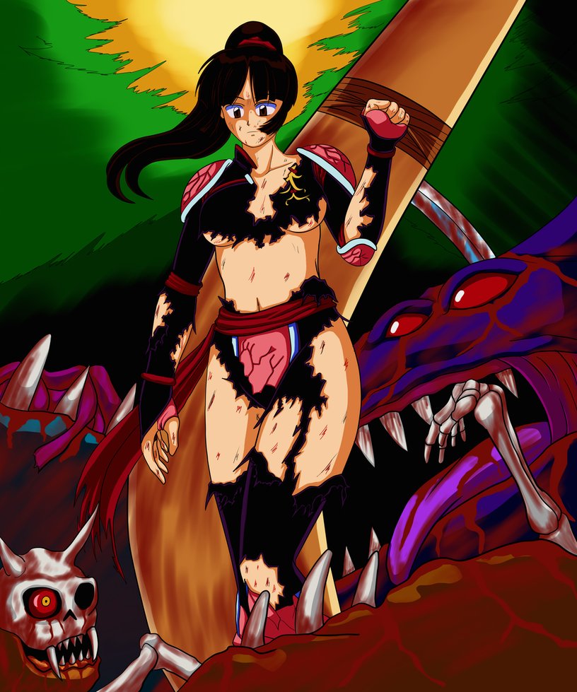 1girls armor blood boomerang brown_eyes brown_hair clothed clothes dariusxii demon demons female human inuyasha jumpsuit long_hair navel pauldrons ponytail sango scratches scrunchie shreds_of_clothes solo_focus tied_hair torn_clothes torn_jumpsuit underboob