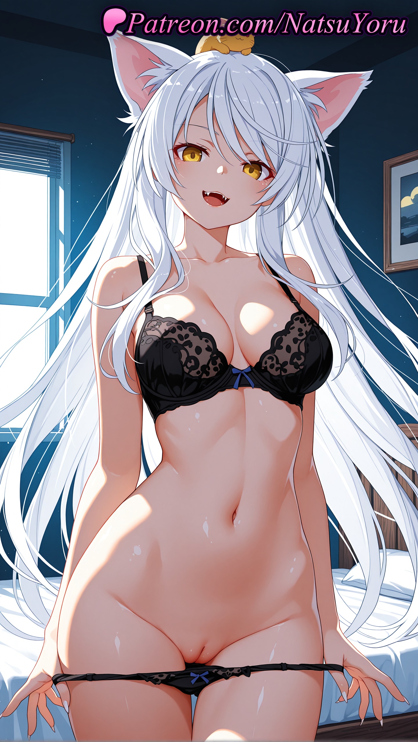 1girls, 2025, ai assisted, ai generated, animal ear fluff, animal ears, animal on head, anime, anime style, bakemonogatari, bangs, bare shoulders, bed, bedroom, bird on head, black bra, black hanekawa, black panties, bow, bow bra, bow panties, bra, breasts, bust, busty, cat ears, cat girl, chick, cleavage, cleft of venus, collarbone, cowboy shot, fangs, female, female focus, female only, hanekawa tsubasa, hi res, high quality, high resolution, highres, indoors, lace-trimmed bra, large breasts, legs, lingerie, long hair, long nails, looking at viewer, medium breasts, monogatari (series), nail polish, natsuyoru, navel, non-asian, object on head, on head, open mouth, paipan, panties, pantsu, panty pull, patreon, pulled by self, pussy, slit pupils, smile, solo, solo female, stable diffusion, standing, stomach, thigh gap, thighs, uncensored, underwear, underwear only, undressing, vagina, very long hair, voluptuous, voluptuous female, white hair, window, yellow eyes