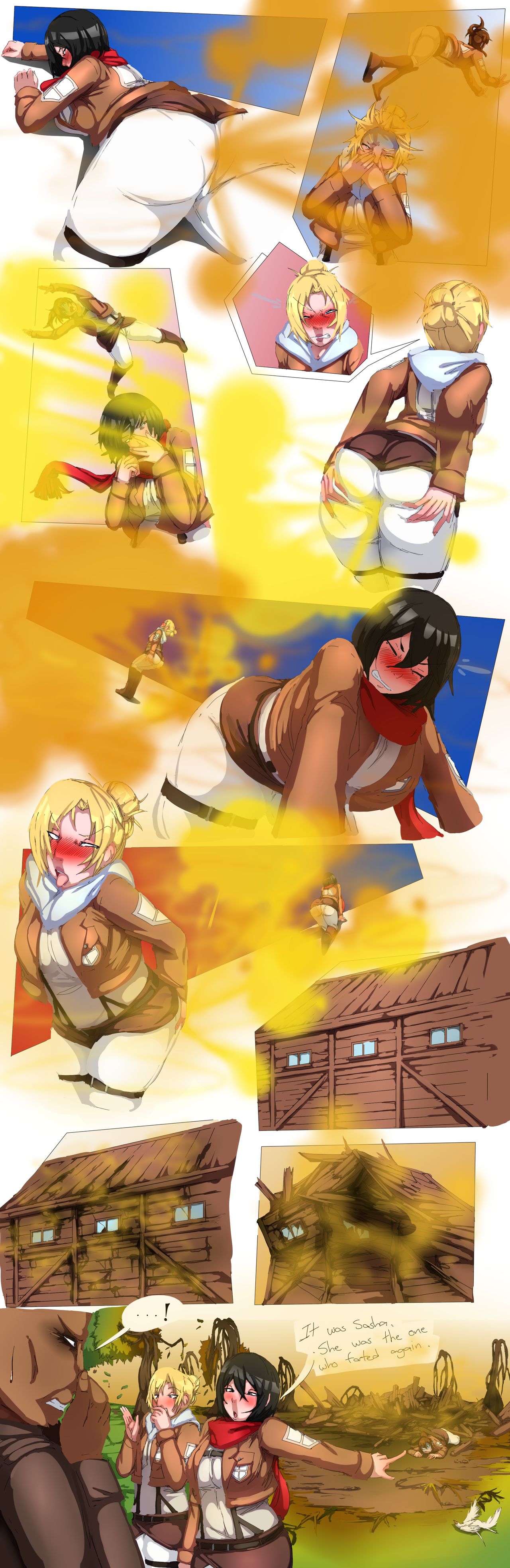 2girls, ahe gao, annie leonhardt, attack, attack on titan, black hair, blonde female, blonde hair, dead tree, dead trees, enjoying farting, fart, fart fetish, farting, farting contest, farting together, female, gassy, gassy ass, gassy female, lazei, lingering stench, mikasa ackerman, powerful fart, wilting, wilting plants