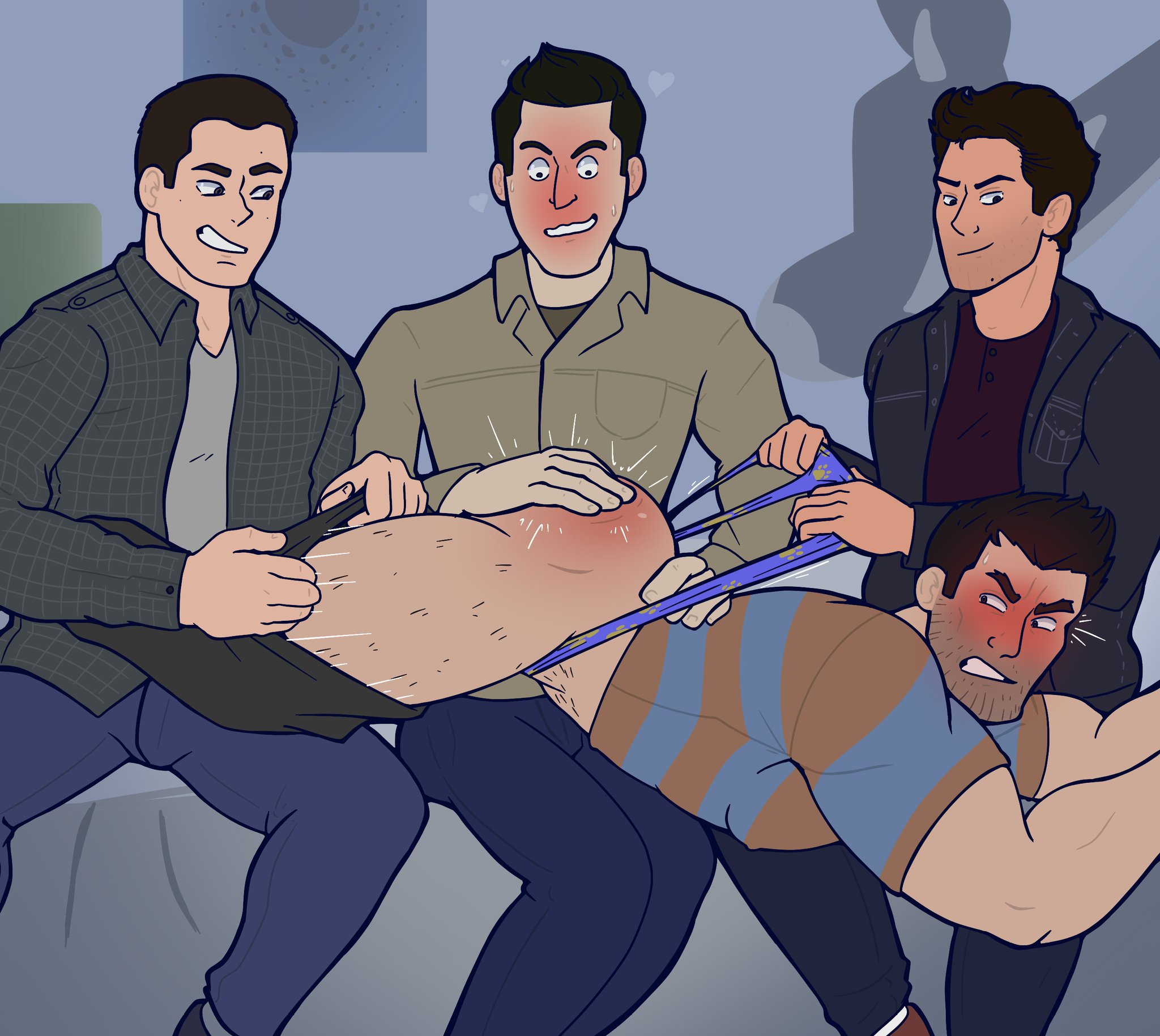 4boys, bullying, danny mahealani, derek hale, dubious consent, gay, hairy legs, heart, male, male only, muscular, muscular male, no visible genitalia, pants pull, scott mccall, smile, smirk, spanking, stiles stilinski, teen wolf, tvfish-art, wedgie