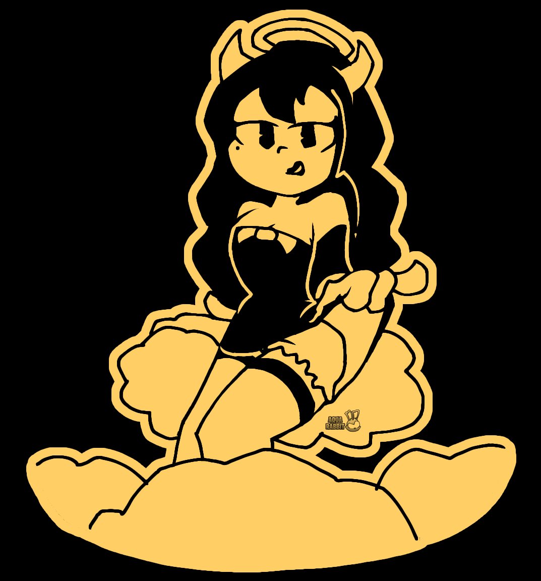 alice_angel angel bendy_and_the_dark_revival bendy_and_the_ink_machine black_dress black_hair black_lipstick bloomers bowtie demon_horns dress dress_lift halo pinup sitting_on_cloud smirk teasing thigh_strap