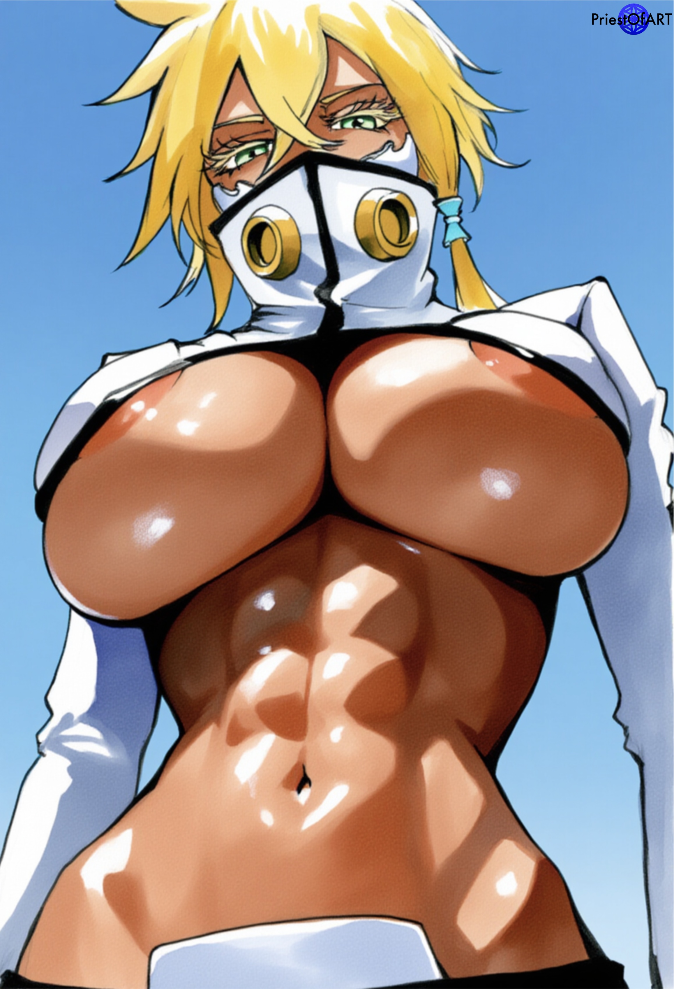 1girls, abs, ai generated, areola slip, big breasts, bleach, breasts, brown skin, busty, crop top, female, female focus, female only, from below, huge breasts, large breasts, mouth mask, muscular, muscular female, priestofart, solo, solo female, solo focus, tagme, tagme (artist), tagme (character), tia harribel, upper body, watercolor, watermark, yellow hair