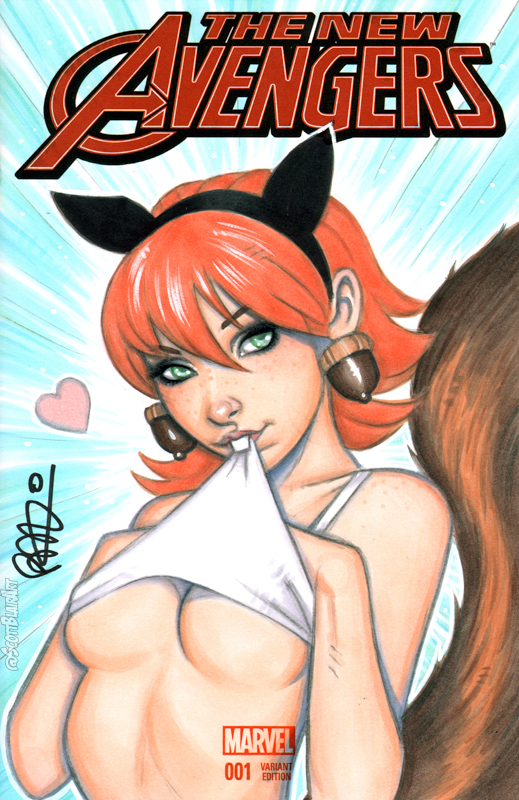 breasts buckteeth cleavage comic_cover doreen_green earrings eyeshadow female female_only freckles ginger great_lakes_avengers green_eyes marvel marvel_comics orange_hair scott_blair shirt_lift solo solo_female squirrel_girl squirrel_girl_(marvel) underboob