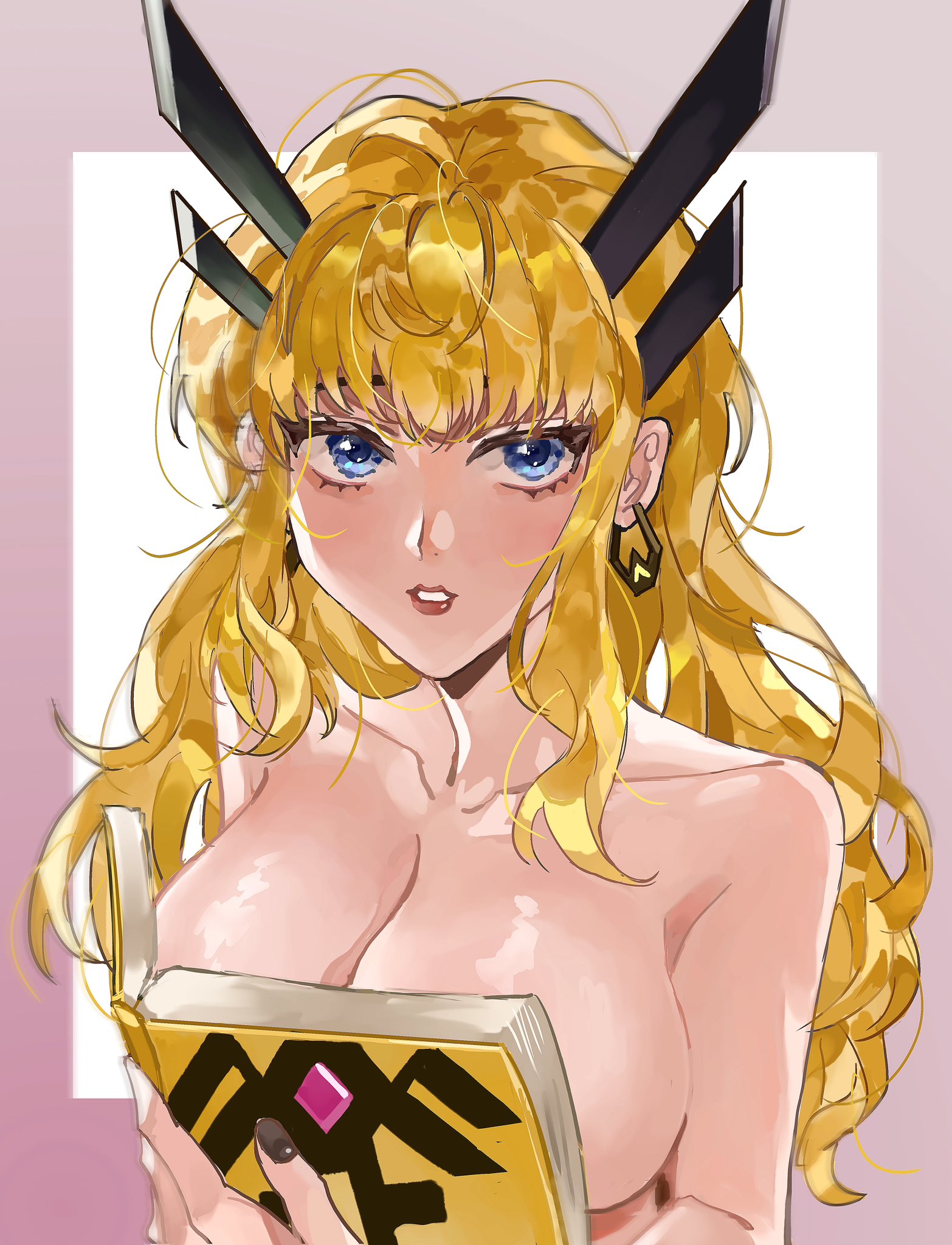 1girls, arm support, black nail polish, blonde hair, blue eyes, blush, book, book covering breasts, breasts, breasts bigger than head, confident, earings, facing viewer, female, functionally nude, glistening body, horn, huge breasts, light skin, light-skinned female, long hair, magik (illyana rasputin), magik (marvel rivals), marvel, marvel comics, marvel rivals, naked female, ouch meme, peakoknsfw, teasing viewer