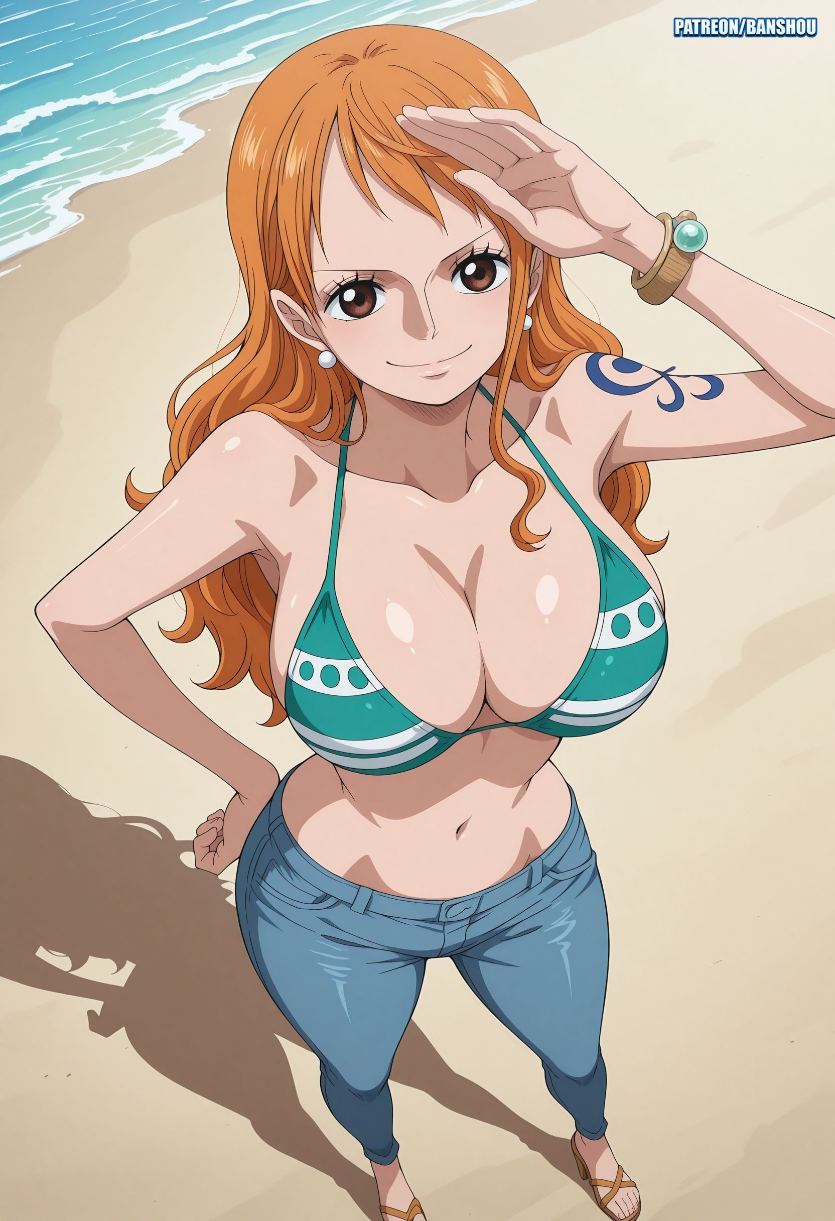 1girls, ai generated, arm tattoo, banshou, bikini, blue tattoo, clothing, female, female only, nami (one piece), one piece, orange hair, orange-haired female, post-timeskip, tattoo