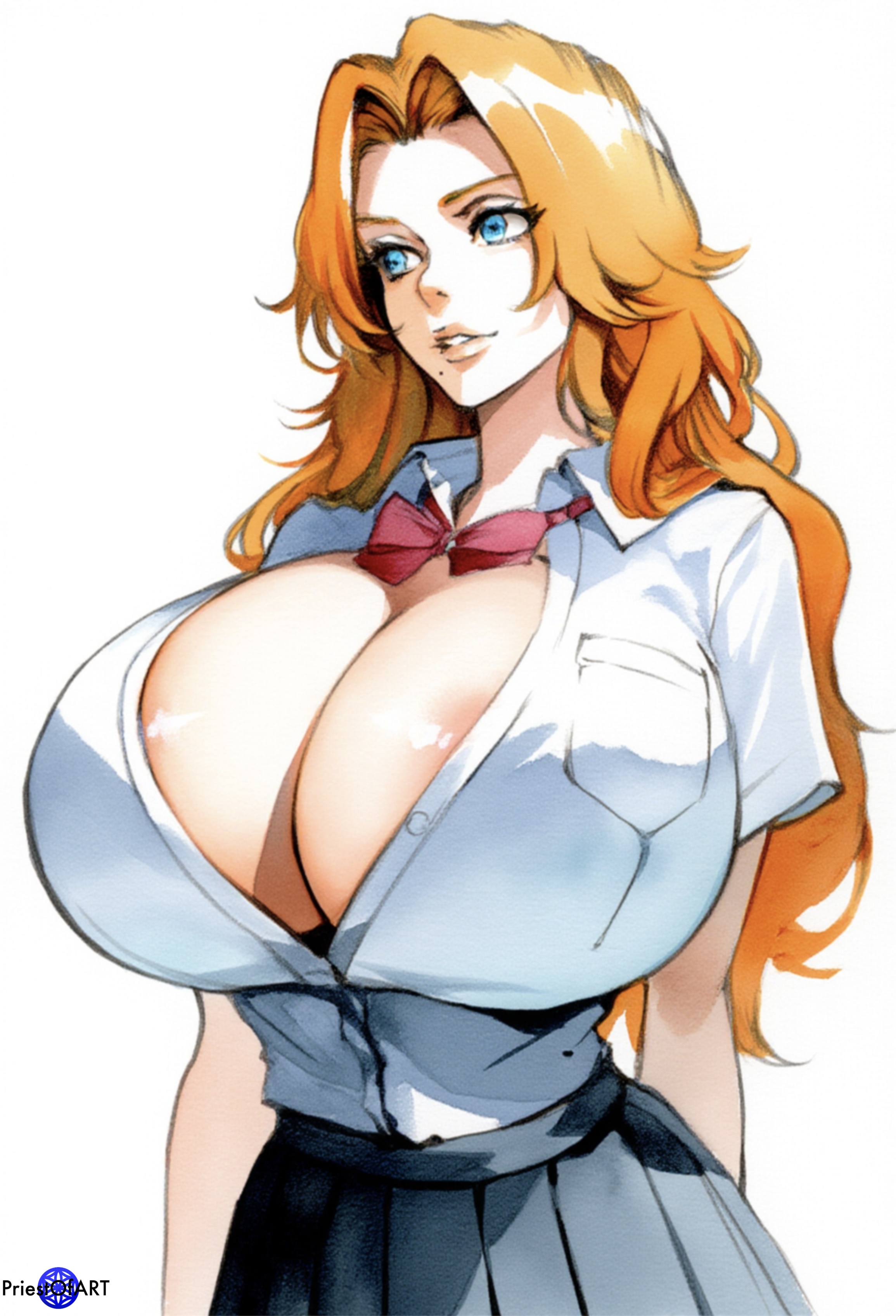 1girls, ai generated, areola slip, big breasts, bleach, blue eyes, breasts, busty, female, female focus, female only, huge breasts, large breasts, matsumoto rangiku, open clothes, orange hair, priestofart, school uniform, schoolgirl, shirt, solo, solo female, solo focus, tagme, tagme (artist), tagme (character), watercolor, watermark