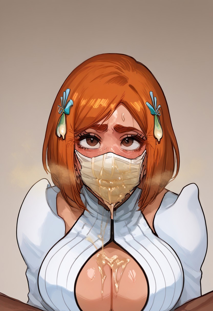 1girls, ai generated, bleach, bleach: the thousand-year blood war, breasts, cleavage, cleavage cutout, condom, condom accessories, condom hair ornament, condom ornament, cum, cum in mask, cum on breasts, cum under clothes, cum under mask, face mask, female, female only, heavy breathing, huge breasts, inoue orihime, light skin, light-skinned female, long hair, musk clouds, pobodyznerf, pov, rancid, semen, smelly cum, solo, steam, sweat, tagme, used condom, wearing condom