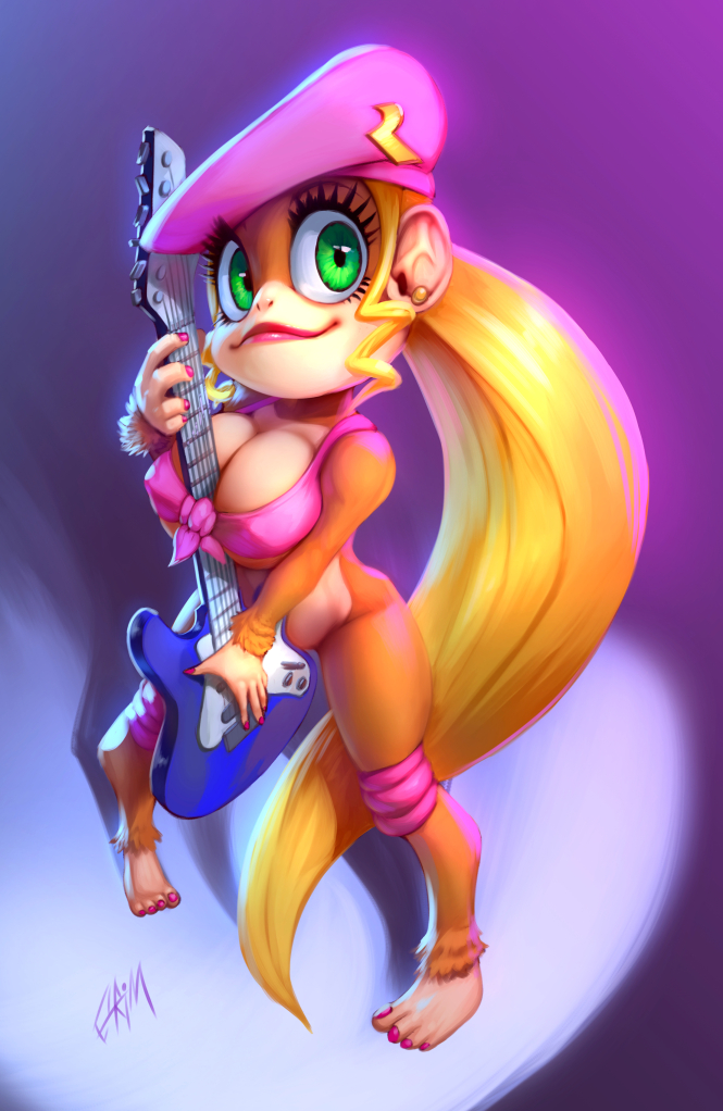 anthro, ape, beret, blonde hair, bottomless, breasts, chimpanzee, cleavage, dixie kong, donkey kong (series), ear piercing, electric guitar, eyelashes, female, female only, front view, front-tie top, furry, green eyes, guitar, hair, haplorhine, hat, headgear, instrument, knee pads, large breasts, lipstick, long hair, mammal, nintendo, nipple bulge, piercing, pigeon toed, pink lipstick, pink nails, ponytail, primate, sidelocks, signature, smile, solo, standing, thefuckingdevil, tied hair, very long hair