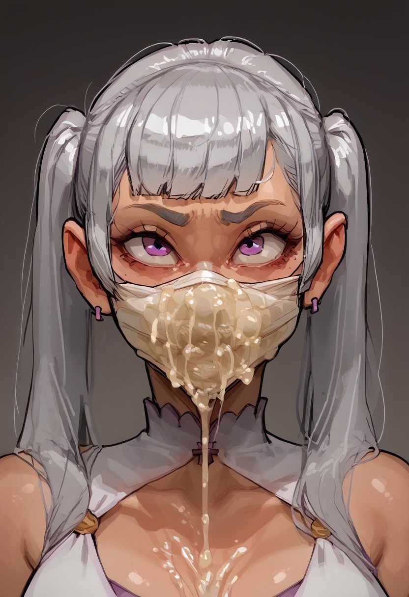 1girls, ai generated, black clover, blunt bangs, breasts, cum, cum in mask, cum on breasts, cum under clothes, cum under mask, face mask, female, female only, heavy breathing, long hair, noelle silva, pobodyznerf, pov, purple eyes, semen, silver hair, solo, tagme, twintails