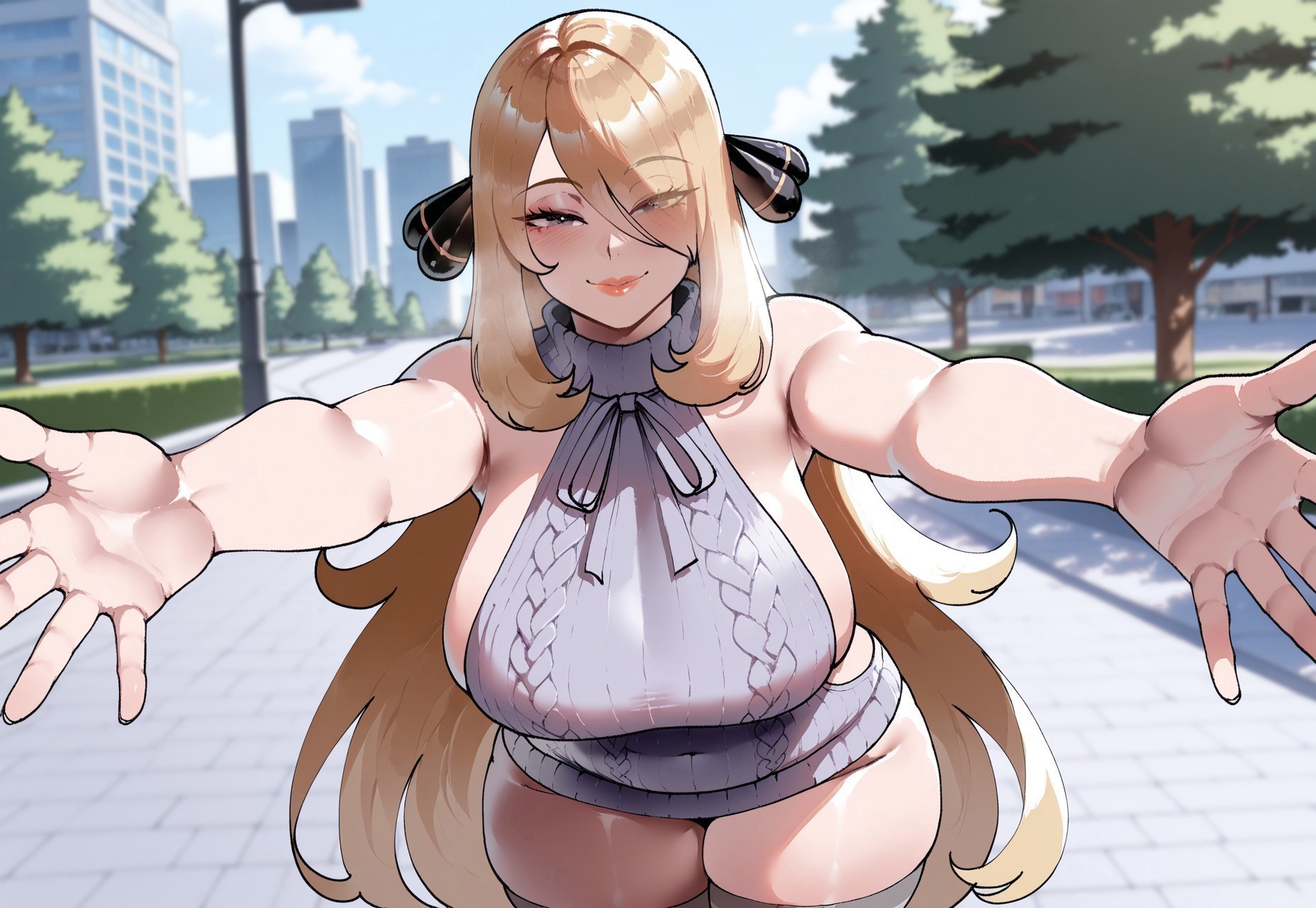 1girls, ai generated, arms open, ass, barely clothed, big ass, big breasts, blonde female, blonde hair, blonde-haired female, breasts, child bearing hips, civitai, cynthia (pokemon), dug-lith-pls, female, grey eyes, grey stockings, grey thighhighs, imminent hug, large ass, large breasts, long blonde hair, long hair, mommy, nintendo, outstretched arms, pokemon, revealing clothes, solo, solo female, solo focus, thick ass, thick thighs, virgin killer sweater