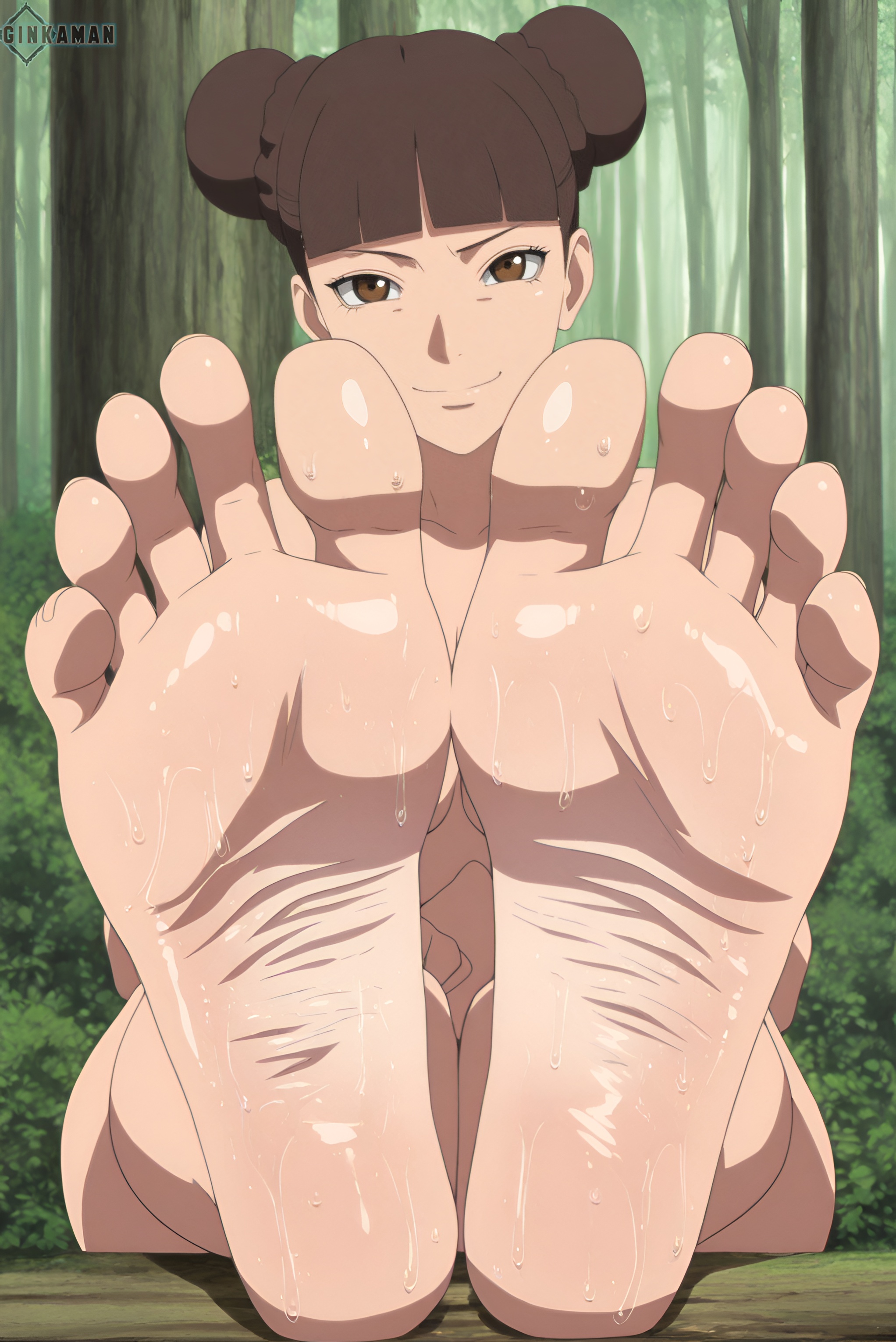 1girls, ai generated, bare legs, barefoot, blunt bangs, blush, boruto: naruto next generations, brown eyes, brown hair, completely nude, completely nude female, convenient censoring, convenient leg, double bun, feet, female, female only, fetish, foot fetish, foot focus, forest, ginkaman, hair bun, high resolution, light skin, light-skinned female, long legs, looking at viewer, mature, mature female, milf, naruto, naruto (series), no shoes, nude, nude female, nudity, outdoors, partially clothed, pinup, pov feet, presenting, presenting feet, shiny, shiny skin, skindentation, soles, solo, solo focus, sweat, tenten, toes, twin buns, watermark