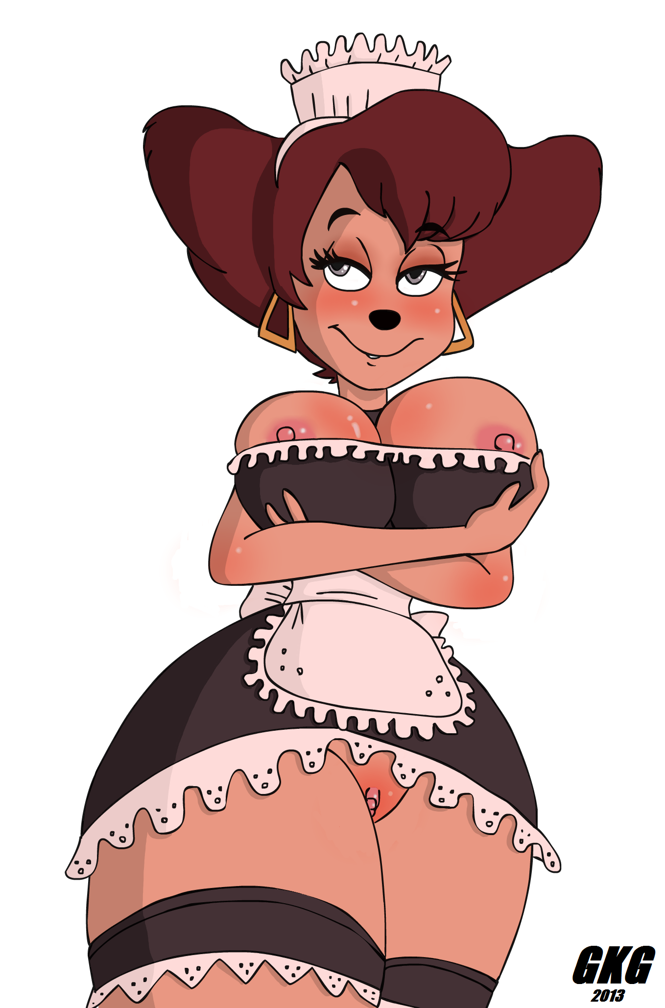 1girls, 2013, anthro, apron, areola, big breasts, blush, breast grab, breast squish, breasts, brown hair, busty, canine, cleavage, clothed, clothing, disney, ear piercing, erect nipples, eyeshadow, female, garter, gkg, goof troop, hair, hand on breast, hi res, hoop earrings, hourglass figure, maid, maid headdress, maid uniform, mammal, mature female, milf, mother, nipple slip, nipples, parent, peg pete, piercing, pose, pussy, skimpy, smile, solo, uniform, vagina, voluptuous, wide hips