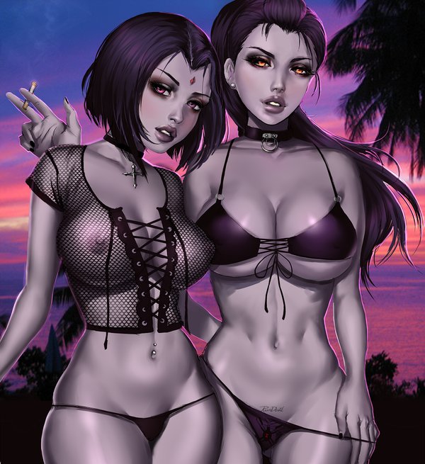 2d, 2girls, alternate breast size, big breasts, bikini, breasts, choker, cleavage, crossover, dc, dc comics, female, female only, fishnet, goth, grey skin, large breasts, multiple females, multiple girls, navel, overwatch, ponytail, rachel roth, raven (dc), rundevil, see-through, short hair, smooth skin, standing, tattoo, teen titans, tied hair, underboob, widowmaker, yellow eyes