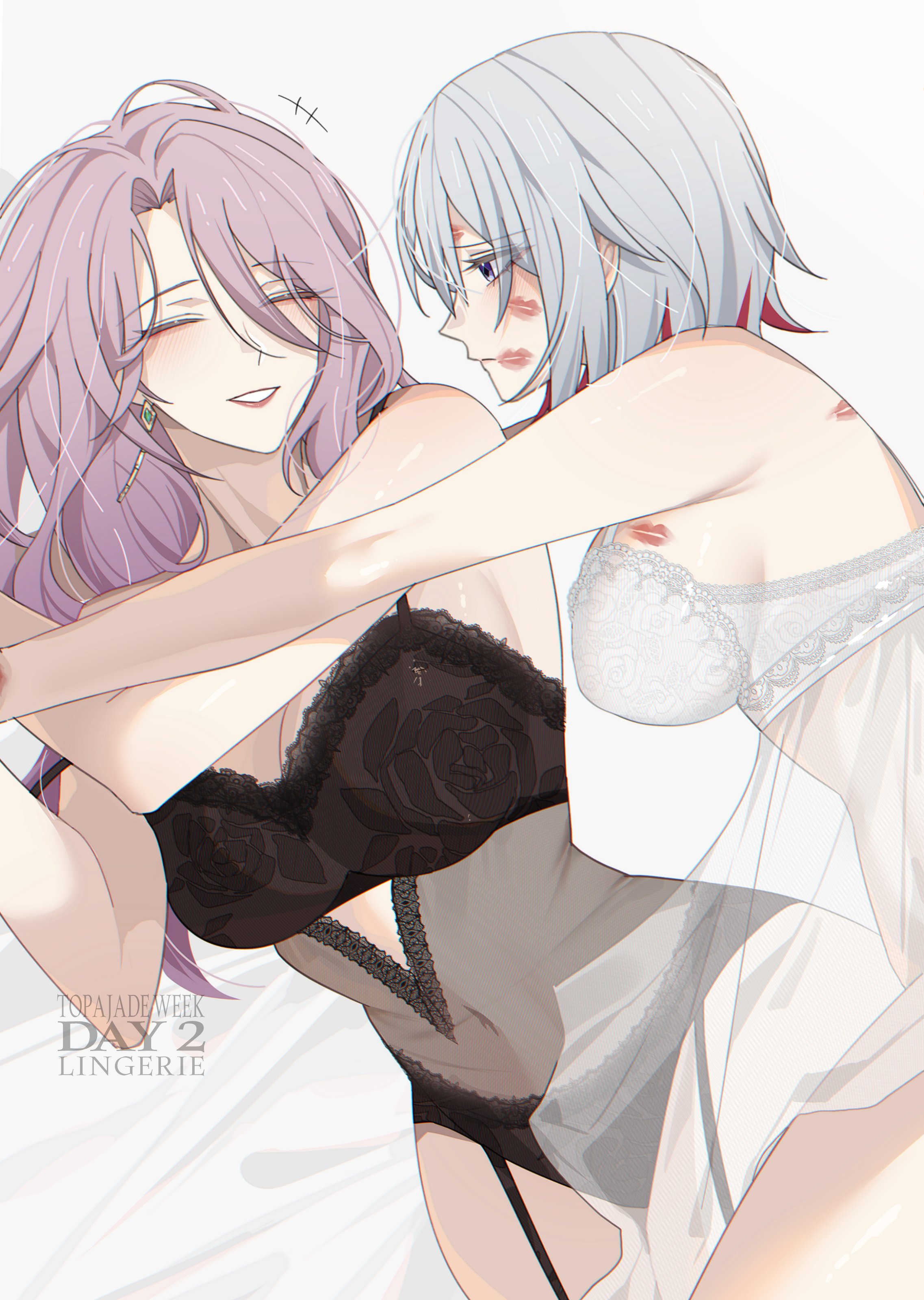 +++, 2girls, absurdres, armpit crease, babydoll, bare shoulders, black babydoll, black bra, black panties, blue eyes, bra, breasts, closed eyes, closed mouth, colored inner hair, commentary, covered navel, cowgirl position, earrings, english text, female, highres, honkai (series), honkai: star rail, jade (honkai: star rail), jewelry, large breasts, lingerie, lipstick mark, lipstick mark on breast, lipstick mark on face, long hair, looking at another, lying, multicolored hair, multiple females, multiple girls, on side, panties, parted lips, pink hair, purple hair, seol (baconontheclock), short hair, smile, topaz (honkai: star rail), underwear, underwear only, white babydoll, white bra, white hair, yuri