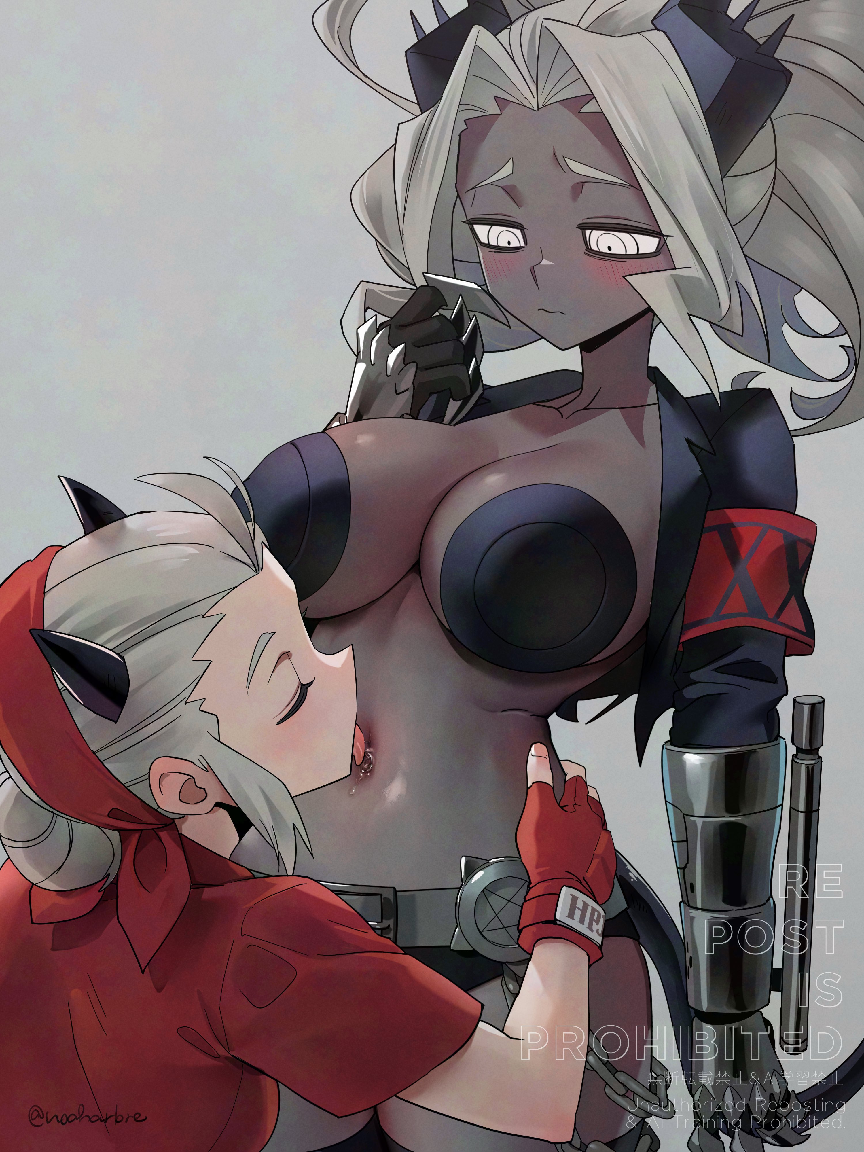 2girls, belly lick, dark skin, dark-skinned female, dark-skinned sub, demon, demon girl, demon horns, demon tail, female, female only, female/female, fully clothed, helltaker, judgement (helltaker), justice (helltaker), lesbian, licking belly, licking sweat, light skin, light-skinned female, light-skinned top, navel, navel fetish, noah (tettsui-sole), noaharbre, tagme, white hair, yuri