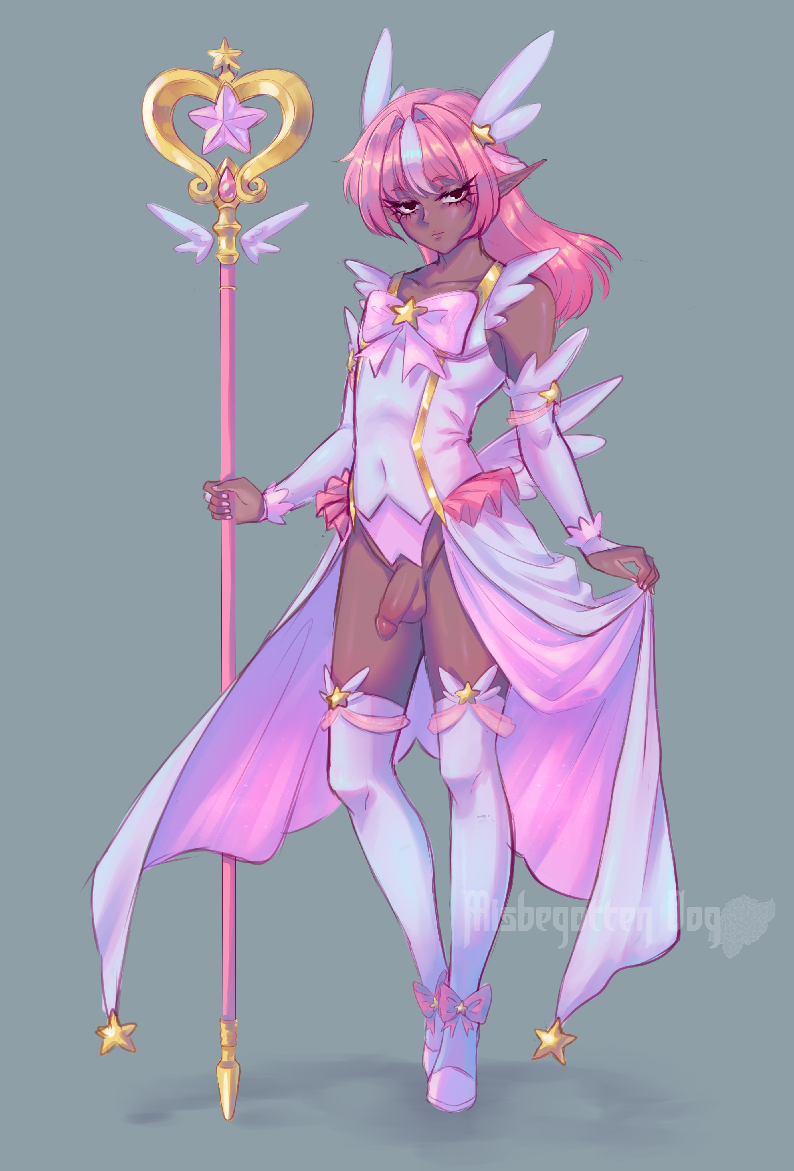 1boy, 2d, adorable, average sized penis, bangs, bedroom eyes, brown eyes, cute, cute face, cute male, dark skin, dark-skinned femboy, dark-skinned male, detached sleeves, femboy, femboy only, feminine male, flat chest, fringe hair, girly, hair clips, high heels, holding, holding staff, long eyelashes, long hair, magic staff, magical boy, male, male only, misbegottendog, navel, navel outline, original, original character, pastel, pastel colors, penis, pink eyebrows, pink hair, pointy ears, ribbon, ribbons, simple background, solo, solo male, staff, star (symbol), straight hair, thighhighs, trap