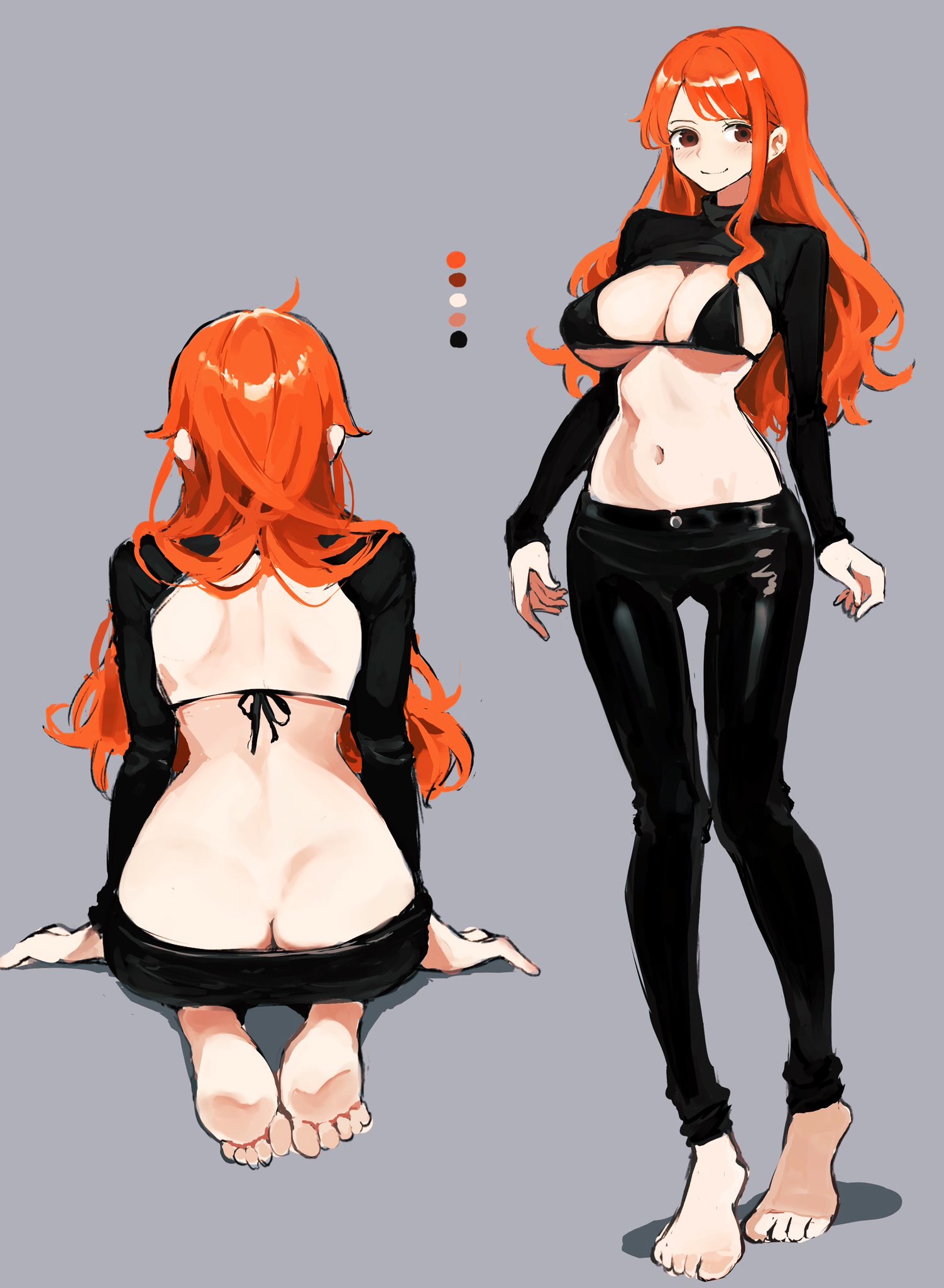 1girls, 2020s, 2025, 2d, 2d (artwork), ass, ass cleavage, ass crack, back view, bangs, bare back, bare stomach, barefoot, black clothing, black pants, black shirt, breasts, butt crack, cleavage, clothing, color, color palette, covered nipples, digital art, digital media (artwork), feet, female, female only, from behind, front view, full body, fully clothed, fully clothed female, grey background, hands on floor, highres, kasumi6, large breasts, light skin, light-skinned female, long bangs, long hair, long sleeves, multiple angles, multiple views, nami (one piece), navel, one piece, orange eyes, orange hair, orange-haired female, pants, plain background, post-timeskip, shirt, shounen jump, simple background, simple shading, sitting, sitting on feet, skeb, smiling, smiling at viewer, solo, solo focus, standing, wide hipped female, wide hips