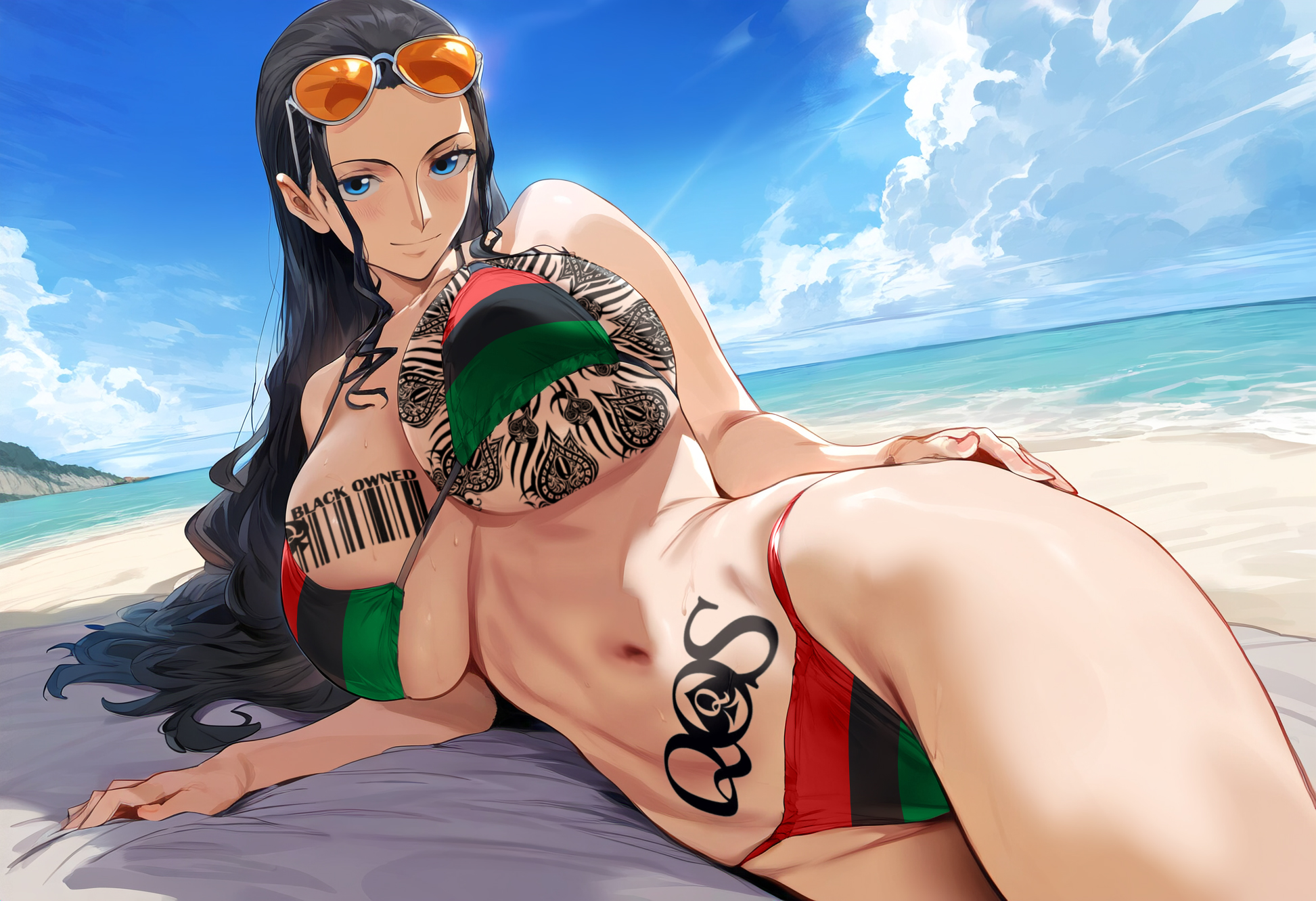 1girls, ai generated, beach, big breasts, bikini, bikini bottom, bikini top, black hair, blue eyes, breasts, clothing, female, female only, himeno, huge breasts, large breasts, light skin, light-skinned female, nico robin, one piece, pan-african flag, pan-african flag bikini, posing, qos, qos tattoo, queen of spades, queen of spades symbol, queen of spades tattoo, smile, smiling, smiling at viewer, snowbunny, solo, solo female, solo focus, sunglasses, sunglasses on head, thick thighs, wide hips