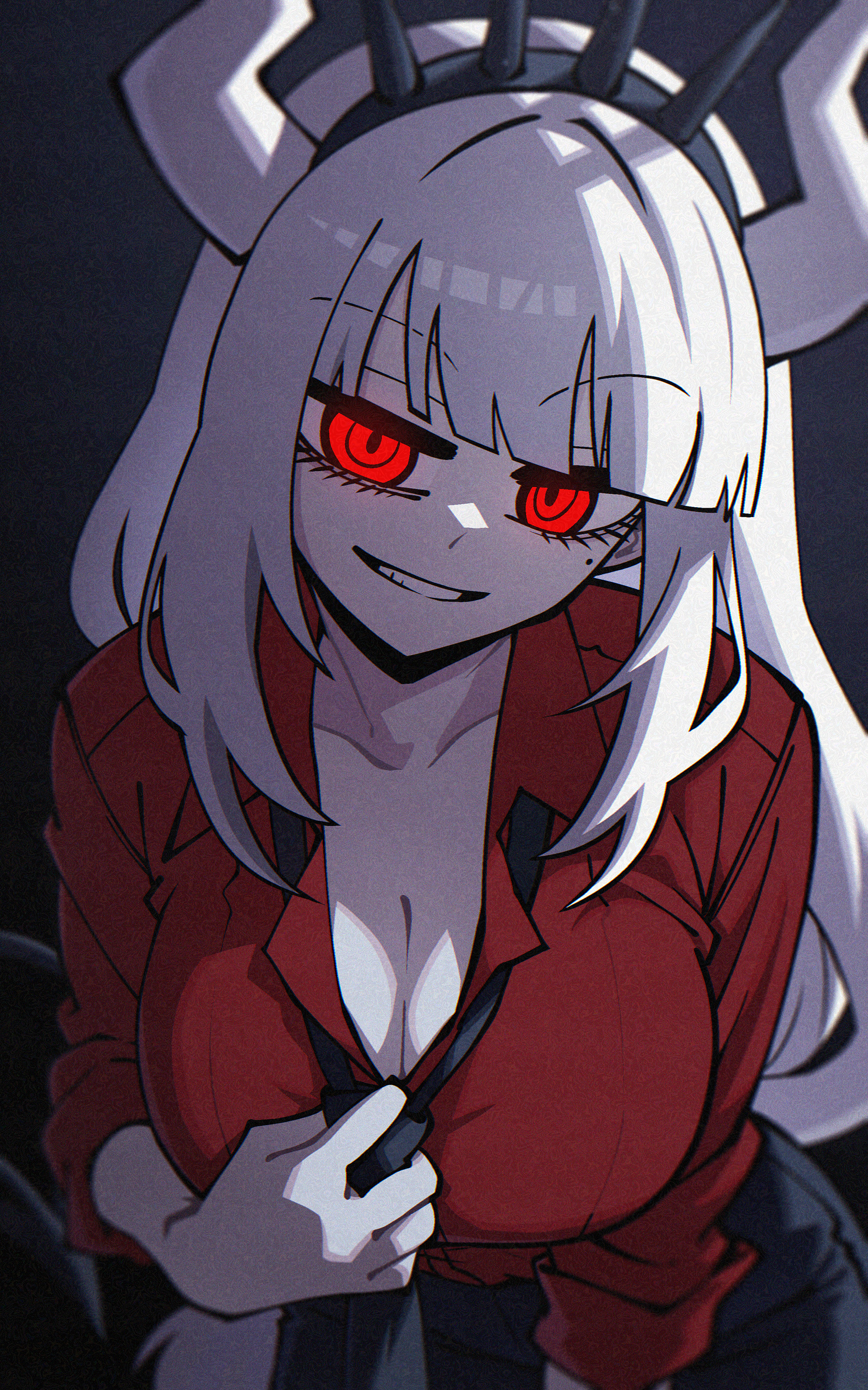absurdres, black background, black headband, black necktie, black pants, blunt bangs, breasts, button gap, cleavage, collared shirt, commentary, dryegen, dryegen46, english commentary, female, female only, glowing, glowing eyes, grin, headband, helltaker, highres, horns, large breasts, long hair, looking at viewer, lucifer (helltaker), mole, mole under eye, necktie, pants, partially unbuttoned, red eyes, red shirt, shirt, sleeves rolled up, smile, solo, spiked headband, white hair, white horns
