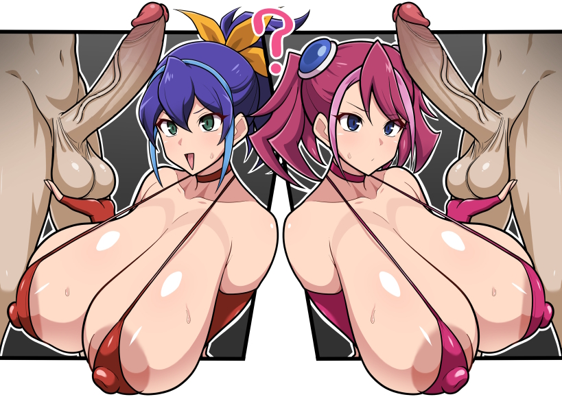 ?, 2boys, 2girls, aqua hair, balls, bikini, blue eyes, blue hair, cyan hair, dd (artist), edit, erection, fringe, gloves, grabbing, grabbing penis, green eyes, hiiragi yuzu, hips, large breasts, large penis, latex, looking at penis, male, multicolored hair, open mouth, pink hair, ponytail, purple hair, ribbon, serena (yu-gi-oh! arc-v), smile, standing, sweat, sweatdrop, teenager, teeth, twintails, uncensored, voluptuous, yu-gi-oh!, yu-gi-oh! arc-v, zuzu boyle