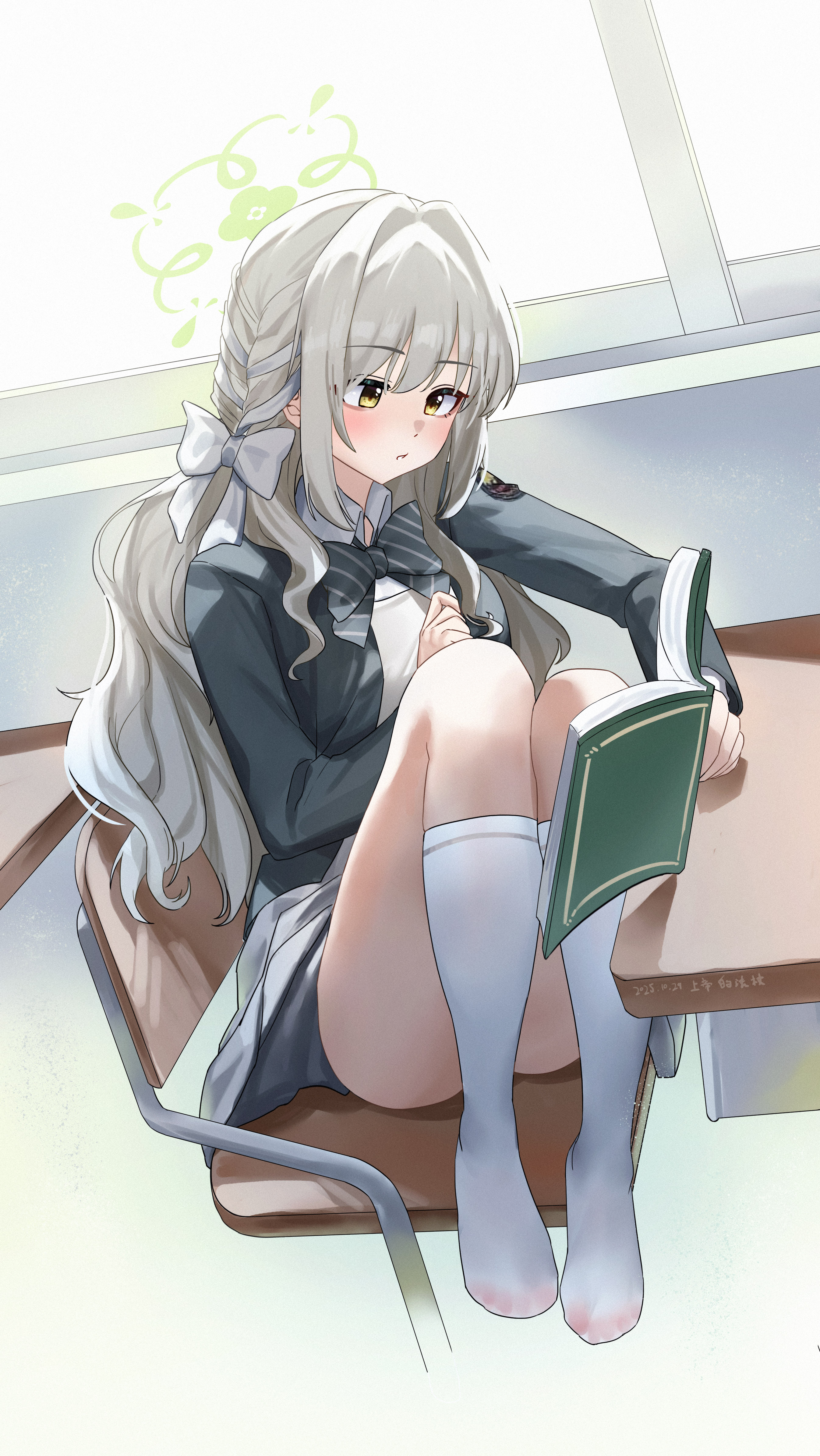 absurdres, artist name, backlighting, black bow, black bowtie, blue archive, blush, book, bow, bowtie, braid, chair, classroom, clenched hand, collared shirt, commentary, convenient leg, dated, desk, diagonal-striped bow, diagonal-striped bowtie, diagonal-striped clothes, feet, female, film grain, full body, green halo, green jacket, hair between eyes, hair intakes, hair ribbon, hairbow, halo, highres, holding, holding book, indoors, jacket, kneehighs, knees up, long hair, long sleeves, looking at object, miyo (blue archive), no shoes, on chair, open book, open clothes, open jacket, parted lips, reading, ribbon, ribbon braid, school chair, school desk, school uniform, shangdi de fa zhang, shirt, sidelocks, sitting, socks, solo, striped bow, striped bowtie, striped clothes, thighs, very long hair, wavy hair, white bow, white ribbon, white shirt, white socks, window, yellow eyes