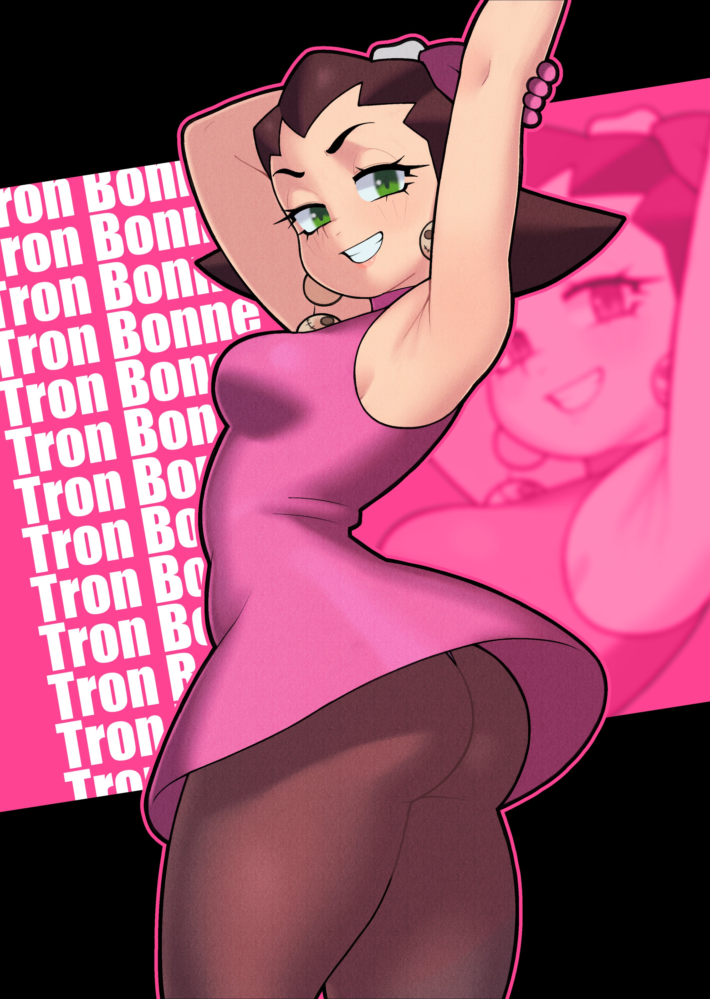absurdres, armpits, arms up, ass, brown hair, champchidi, character name, dress, earrings, female, gloves, green eyes, grin, highres, jewelry, looking at viewer, medium hair, mega man, mega man legends (series), pantyhose, pink dress, pink gloves, skull brooch, skull earrings, sleeveless, sleeveless dress, smile, stretching, thighs, tron bonne, zoom layer